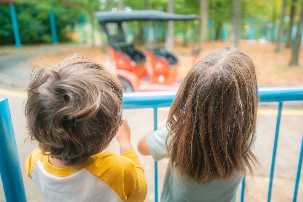 Two boys waiting in line for a ride at an amusement park