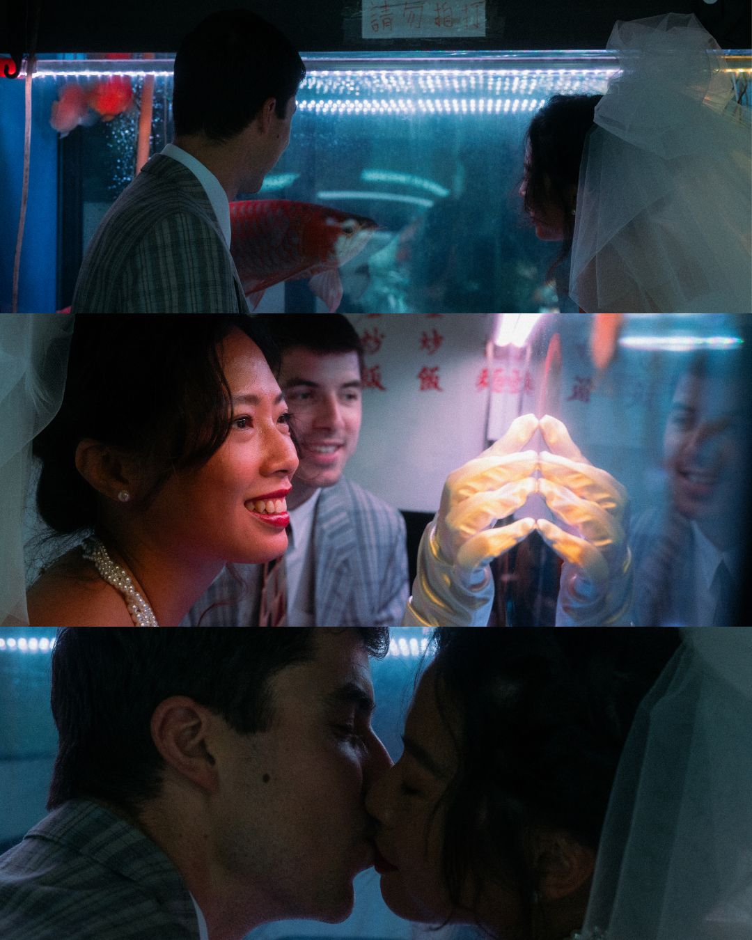 Cinematic Taipei pre-wedding photography of a couple at a glowing night market fish tank, Wong Kar Wai Style