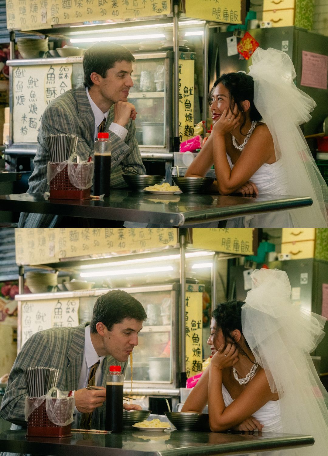 Couple sharing noodles at a local Taipei restaurant during their documentary-style pre-wedding photoshoot