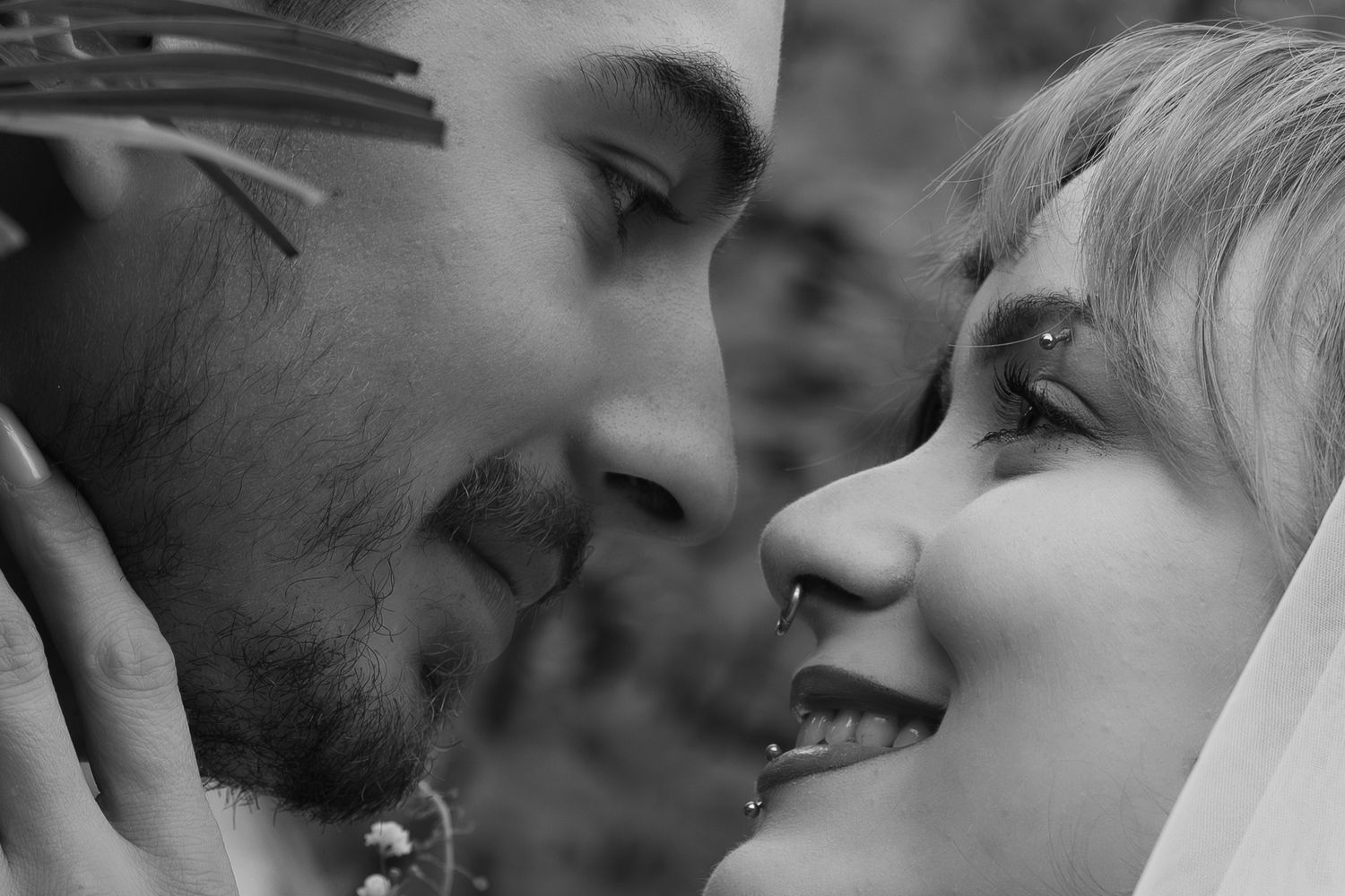 Black and white close-up of a smiling bride and groom sharing an intimate moment face to face. mt hood Oregon