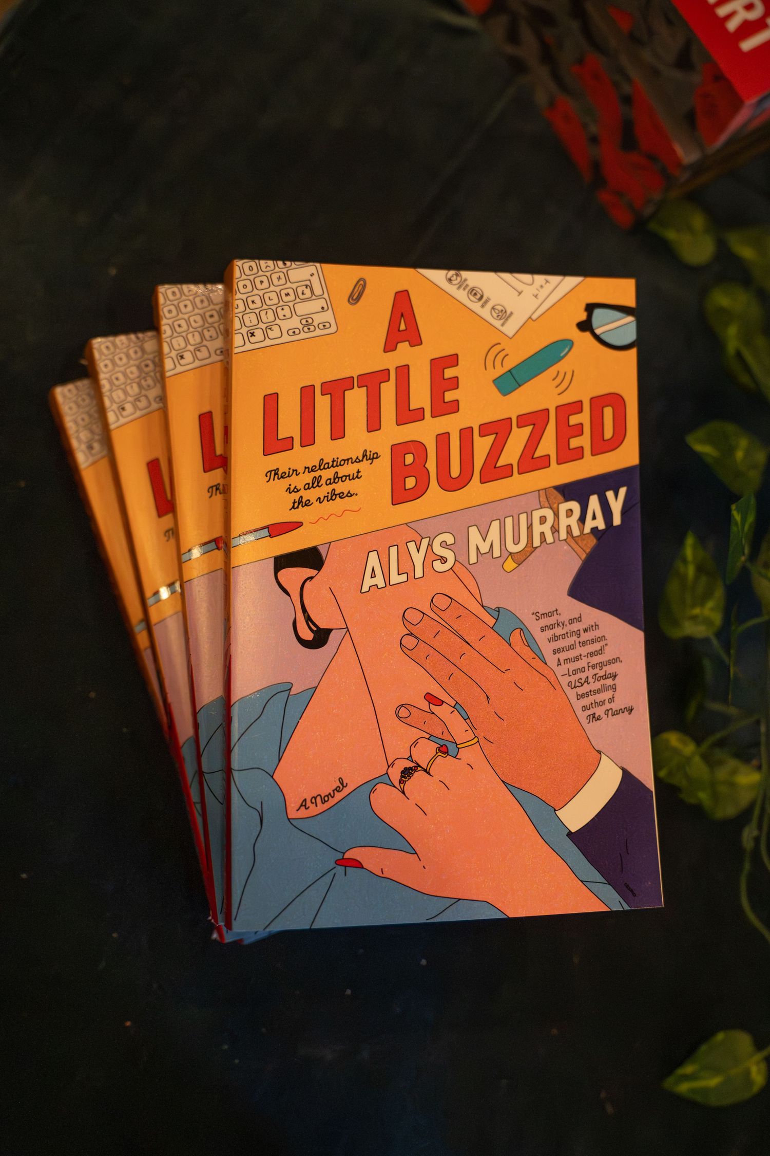 Stack of A Little Buzzed romance novels by Alys Murray on dark surface with green foliage.