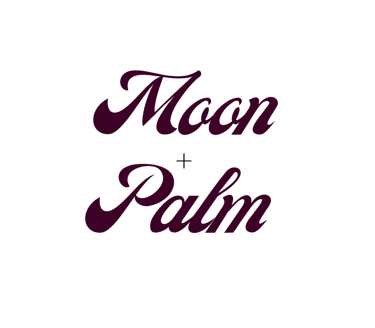 Moon and Palm logo in bold dark purple retro script font on white background.