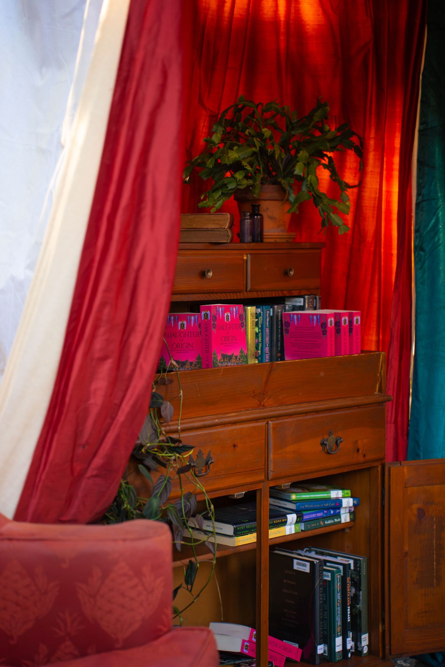 Wooden bookshelf with pink and green books and a potted plant, framed by red and white draped curtains beside a red upholstered chair.
