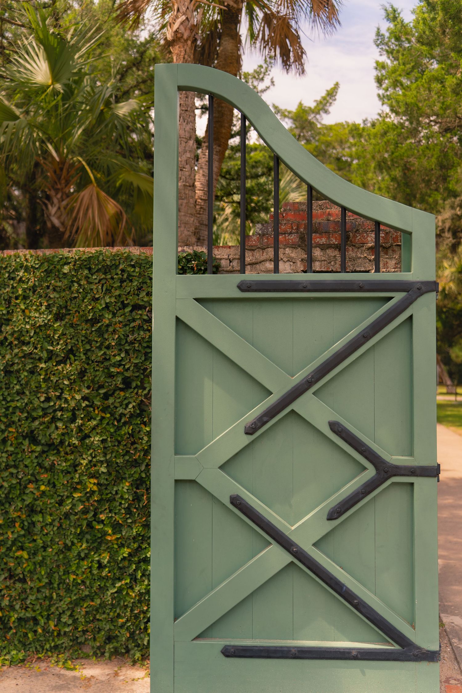 Green wooden garden gate with black metal hardware, flanked by trimmed hedges and palm trees.