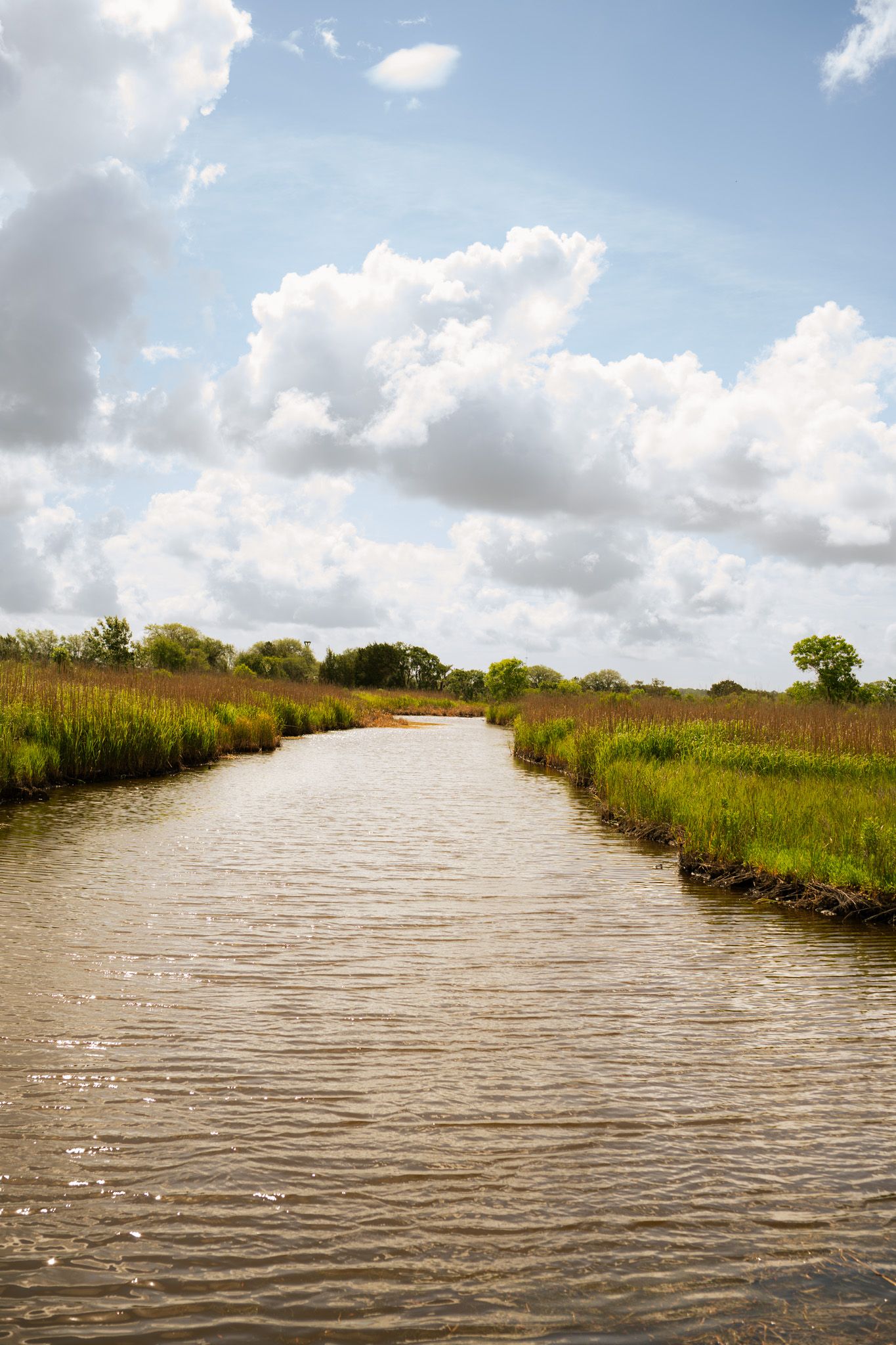 Calm river channel through green marsh grasslands under partly cloudy blue sky landscape.