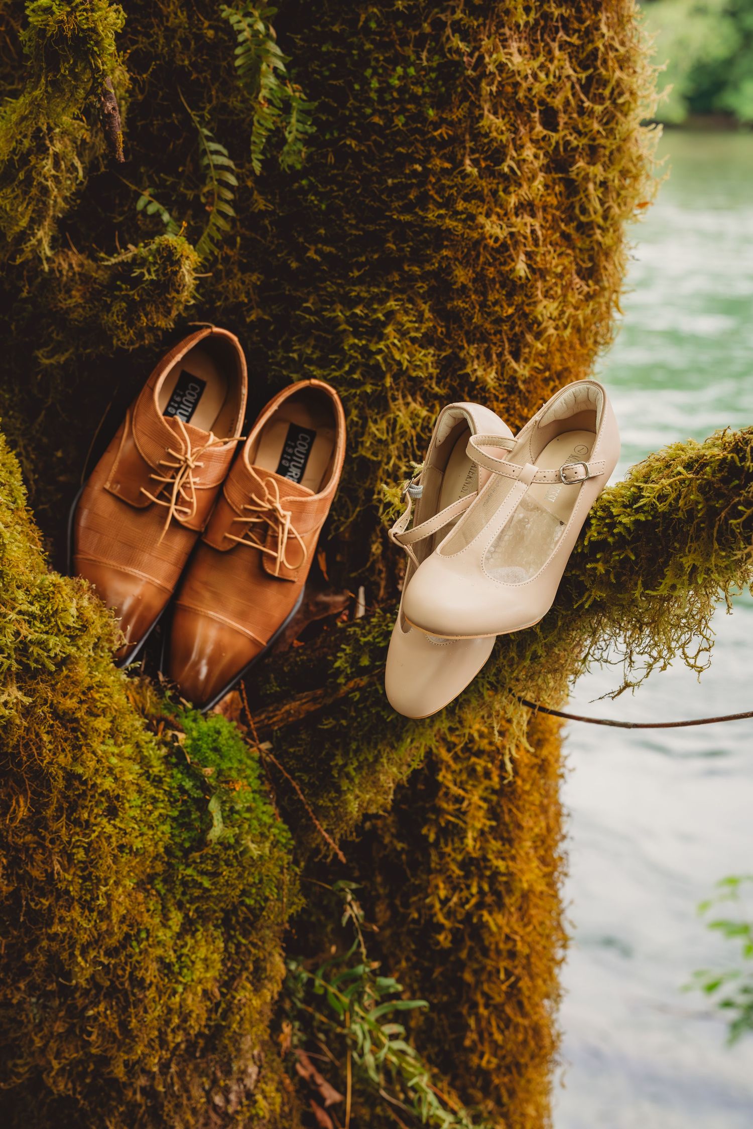 Brown leather dress shoes and white bridal heels resting on a moss-covered tree trunk near a river.