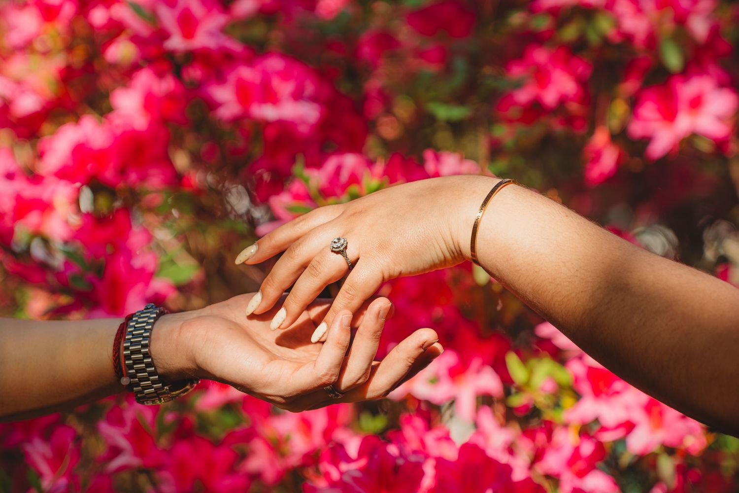 Two hands touching with an engagement ring against vibrant pink flowering background.