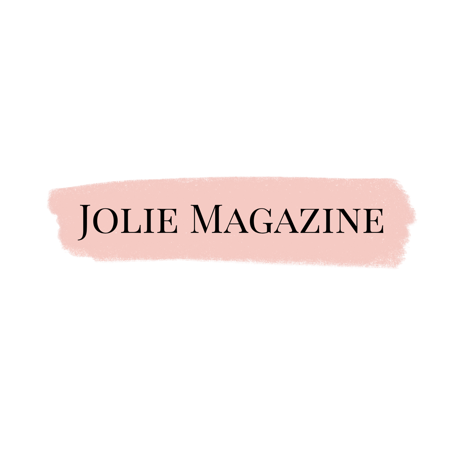 Jolie Magazine logo with black serif text on pink watercolor brush stroke background.