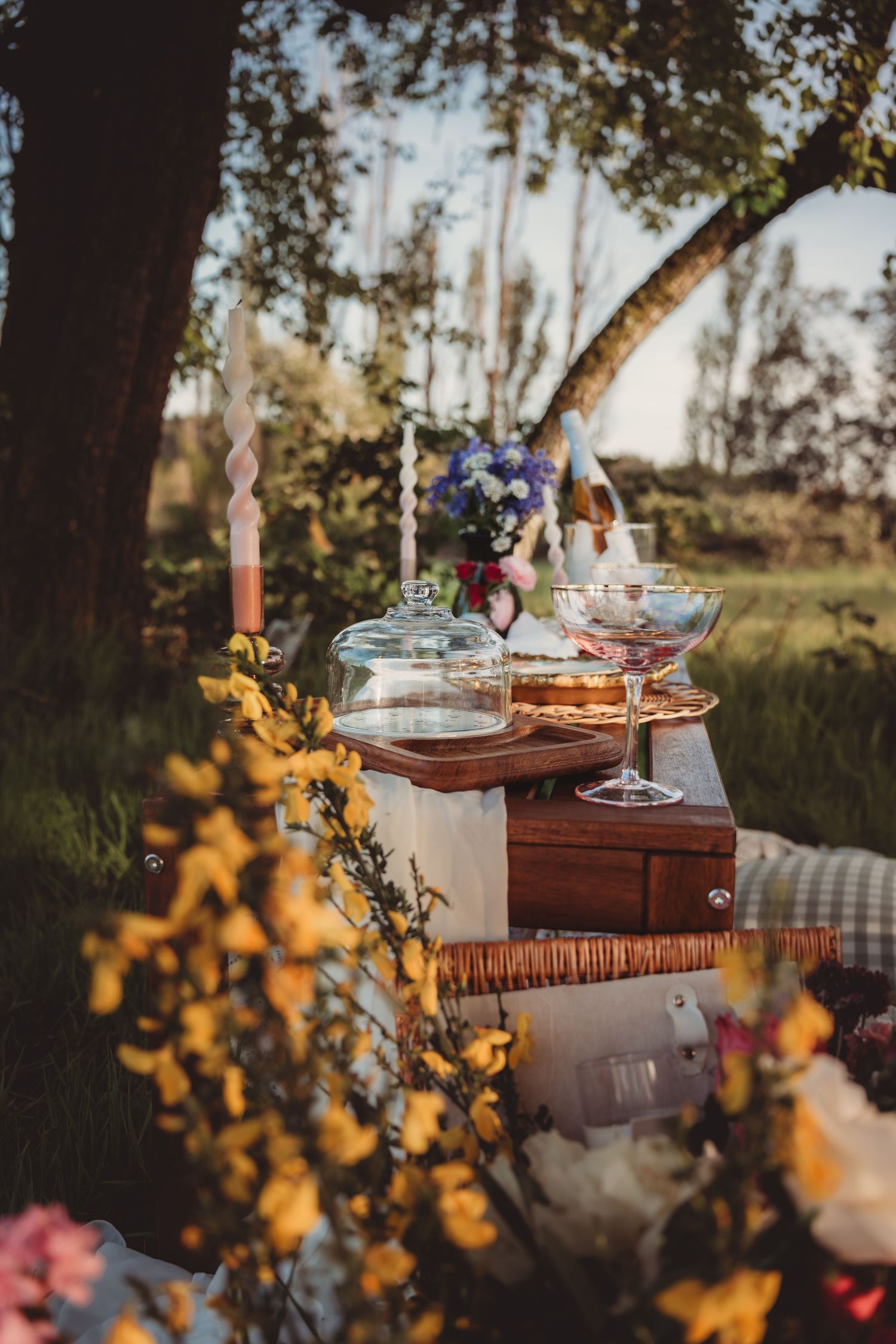 Romantic outdoor picnic setup with cake, candles, and flowers on a wicker basket table in a lush garden at sunset.