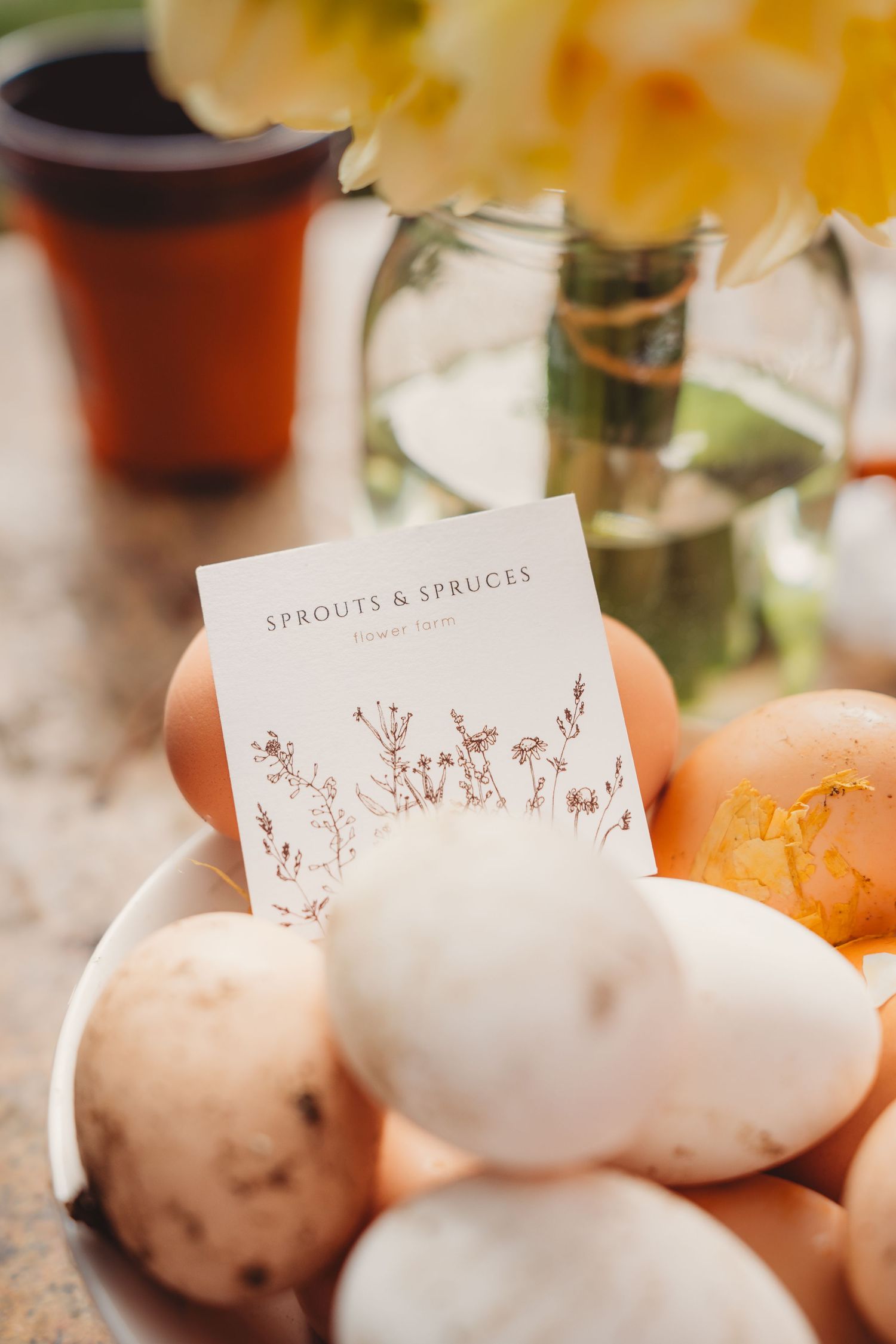 Bowl of farm fresh eggs with Sprouts & Spruces seed packet, yellow daffodils in mason jar, spring decor.
