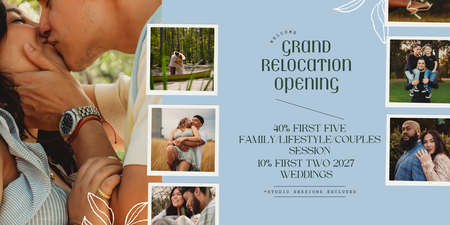 Grand relocation opening banner featuring couples embracing, with promotional offers for family and wedding photography sessions.