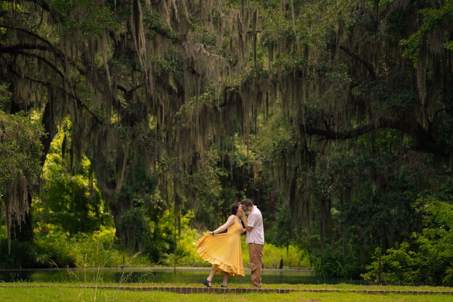 Couple dancing under Spanish moss-draped trees, woman in flowing yellow dress, lush green Southern landscape.
