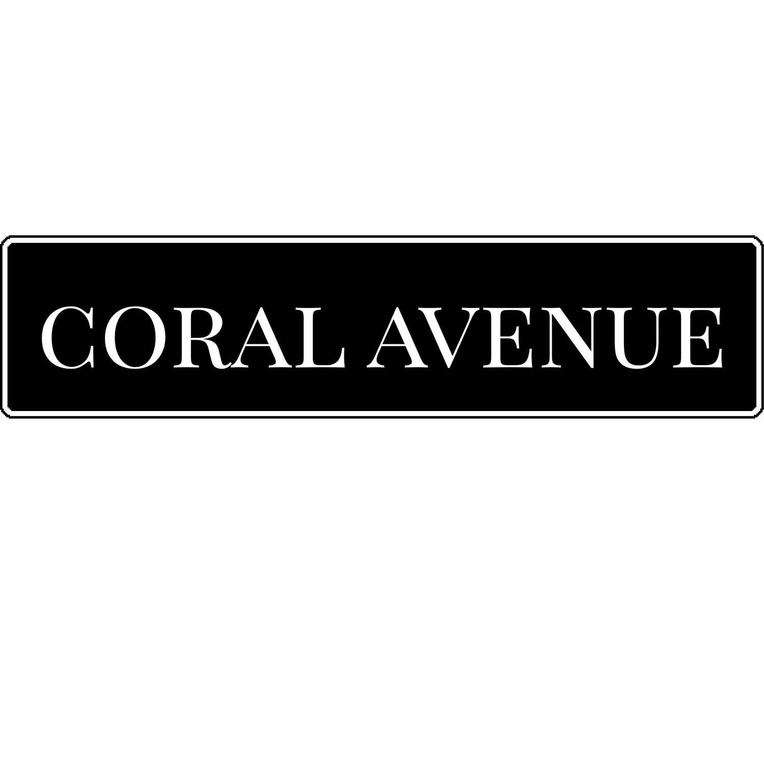 Black street sign with white text reading Coral Avenue in elegant serif font.