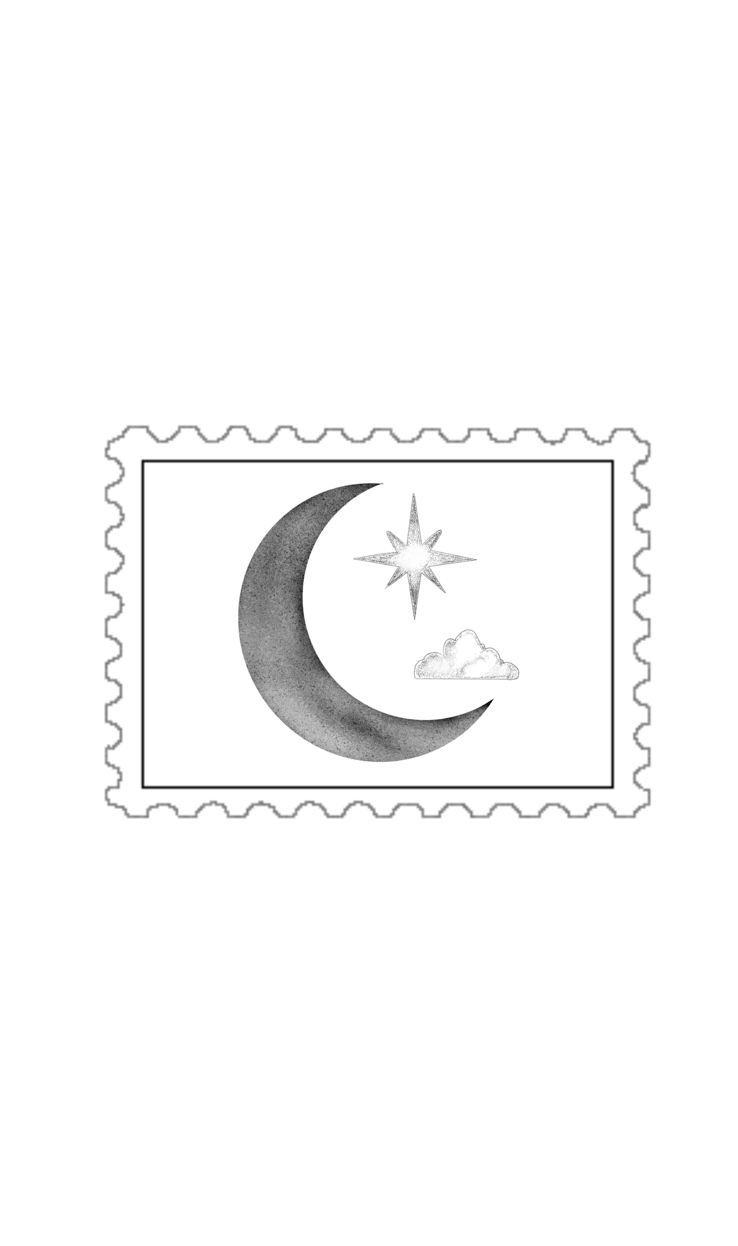 Four simple outline illustrations of postage stamps with a crescent moon and cloud motif in a minimalist gray design.