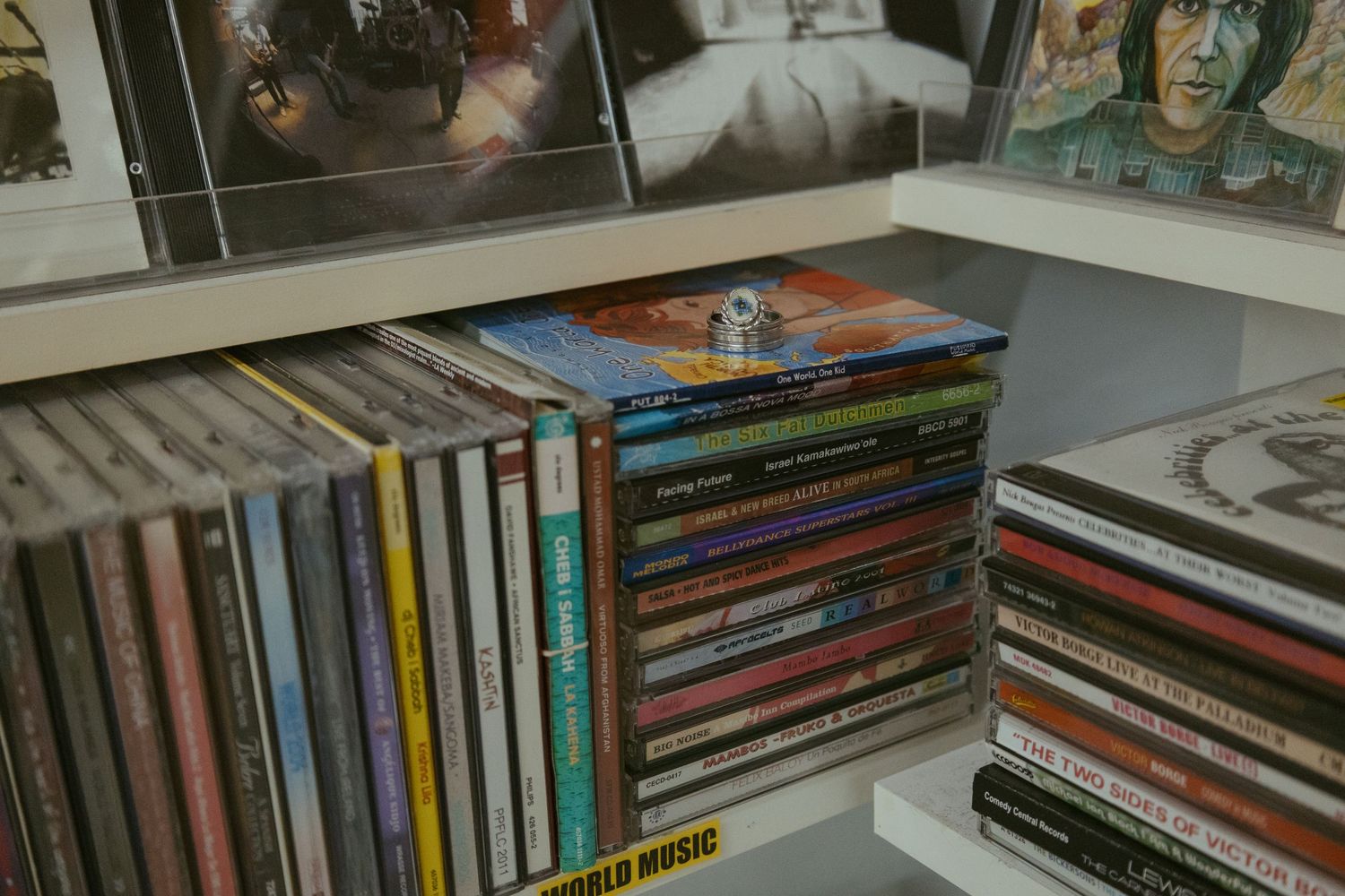 Close-up view of organized CD and media shelves in a retail store.