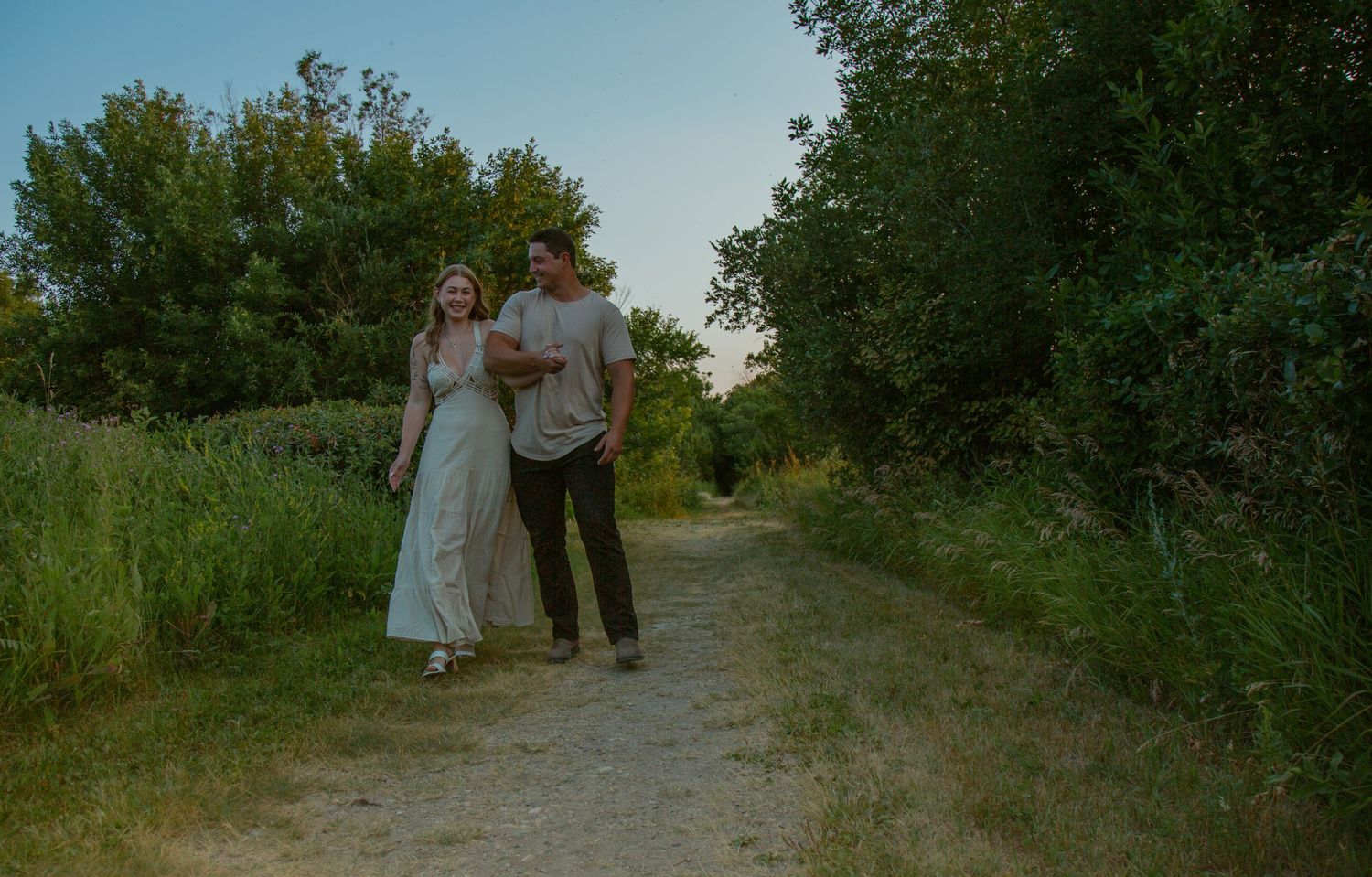Tree-lined path in a natural setting during golden hour.