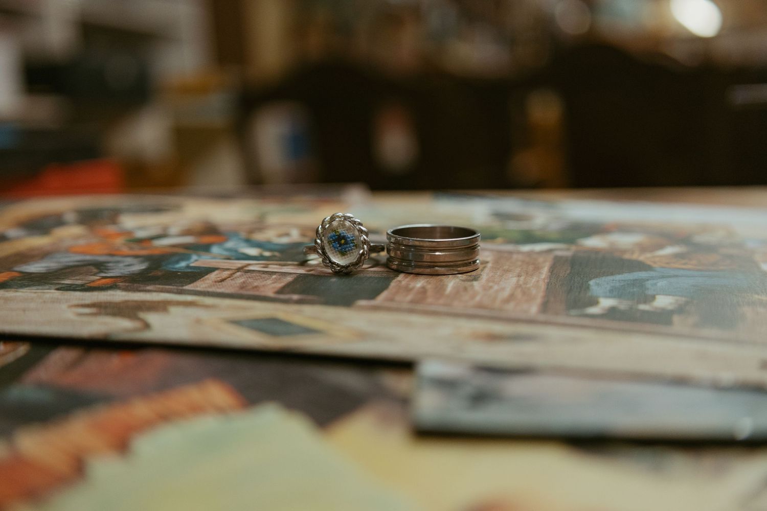 Close-up shot of vinyl records in a store display.