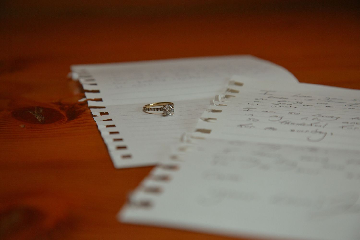 Handwritten notes on lined paper with torn edges in warm lighting.