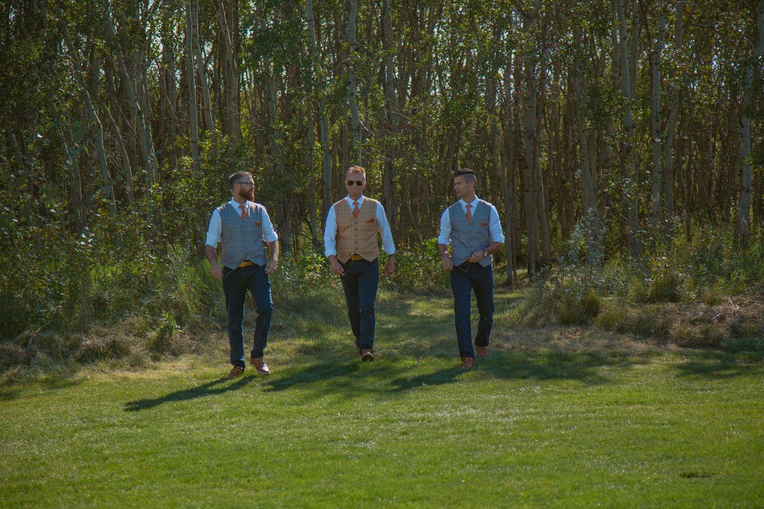 People walking through a sunlit wooded area on a grassy path.