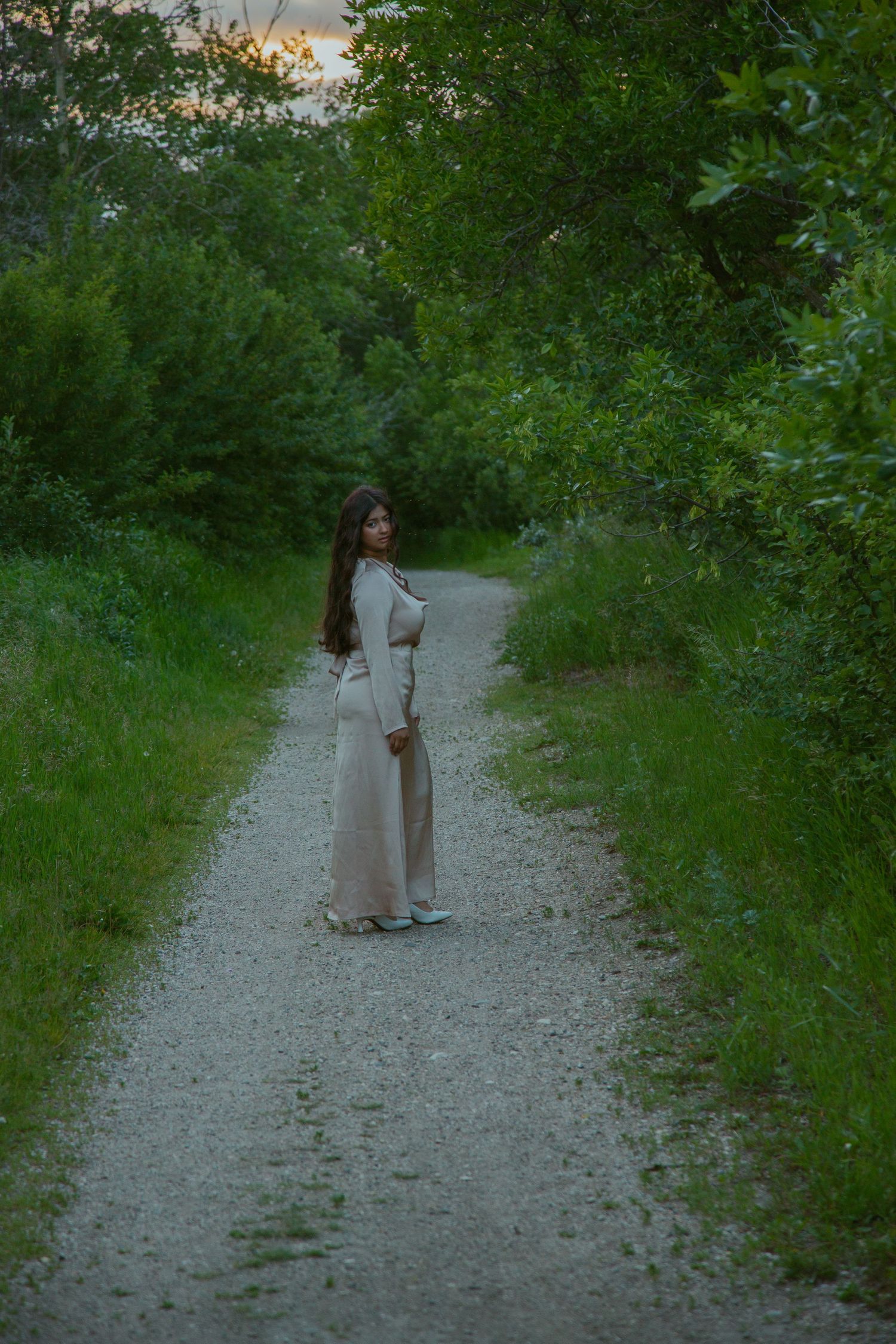 A peaceful gravel path winding through lush green foliage.