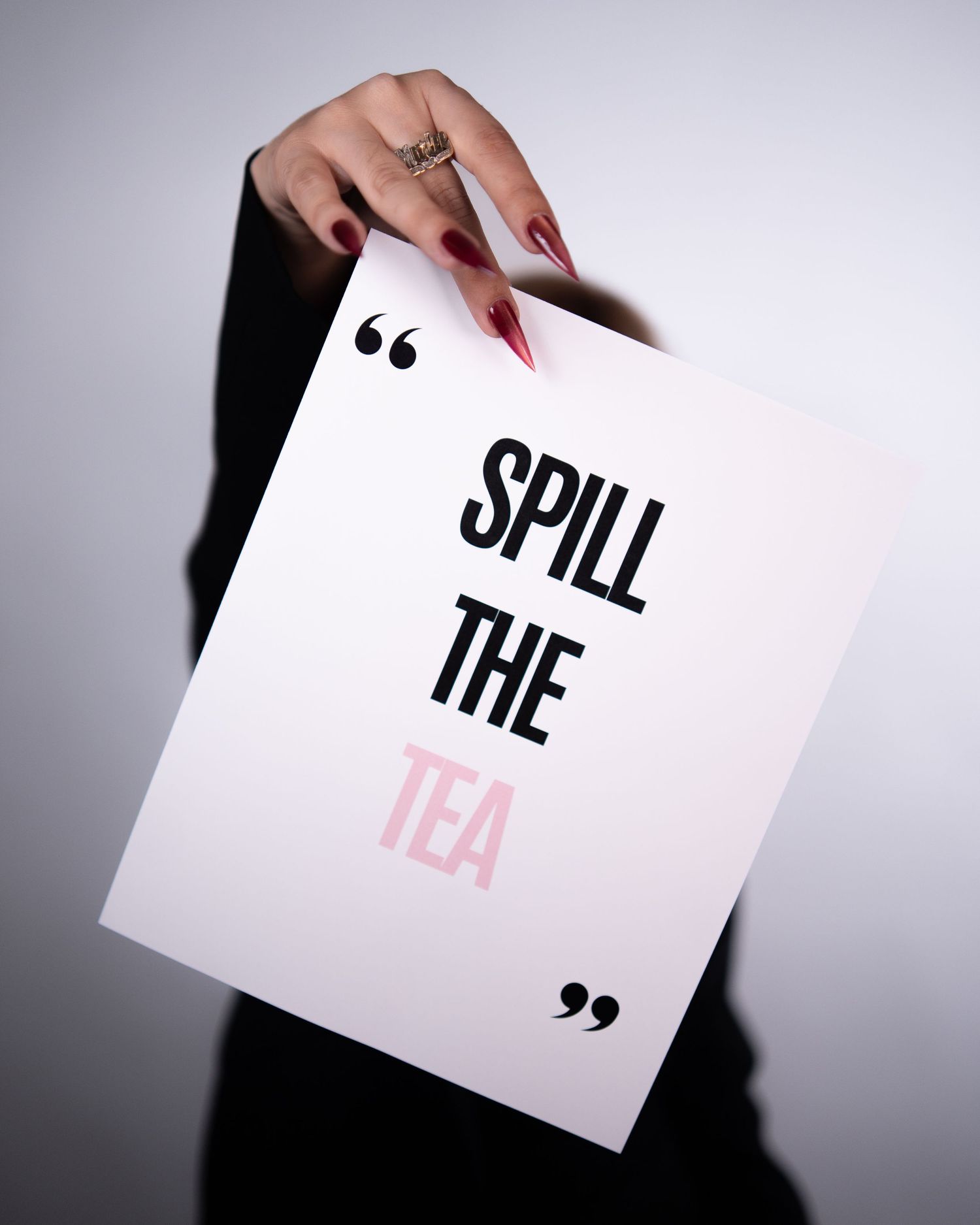 Marketing photo series showing white cards with text spelling out a message.