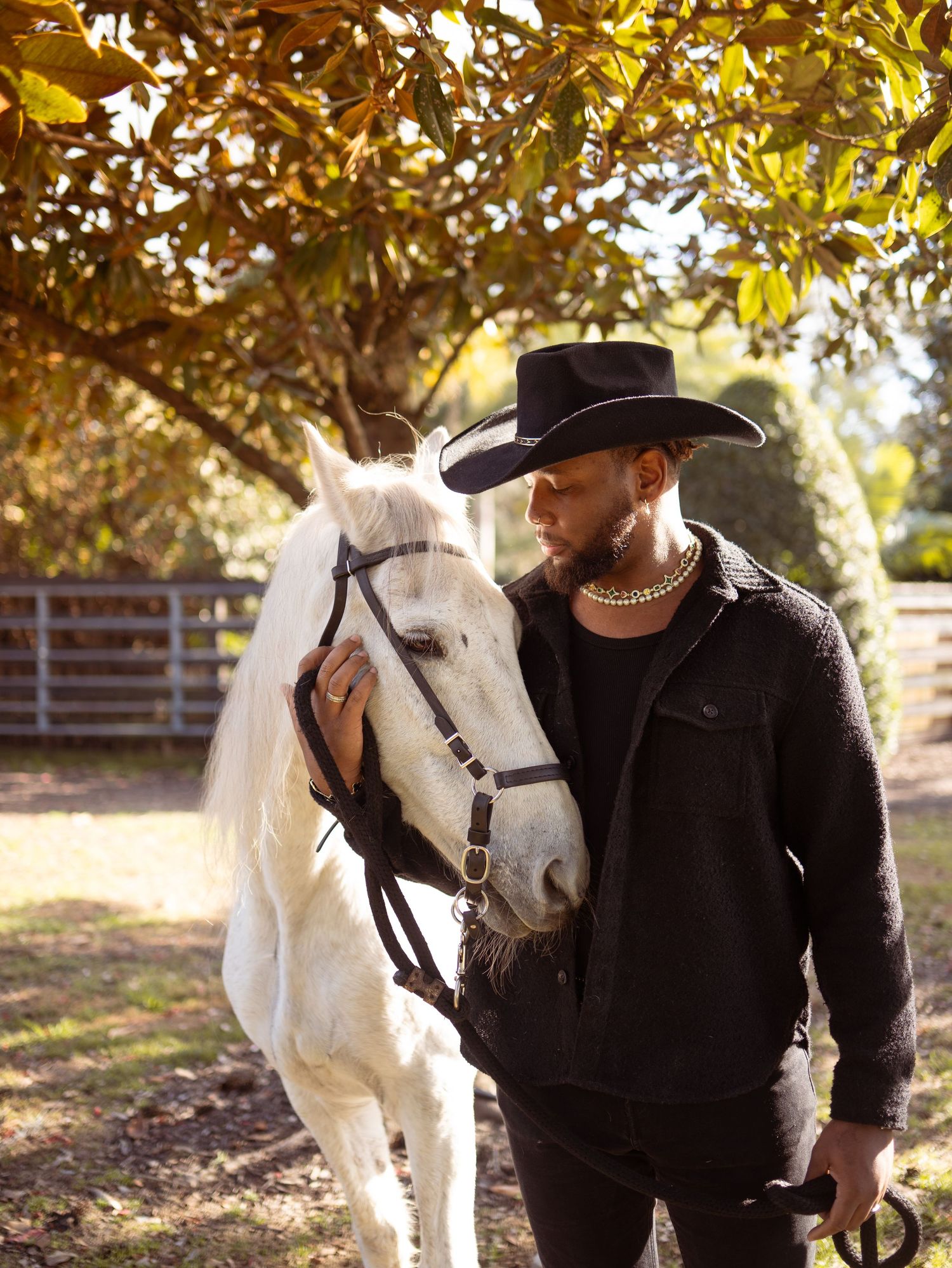 A person in black clothing walks with a white horse through a sunlit outdoor setting with autumn foliage.