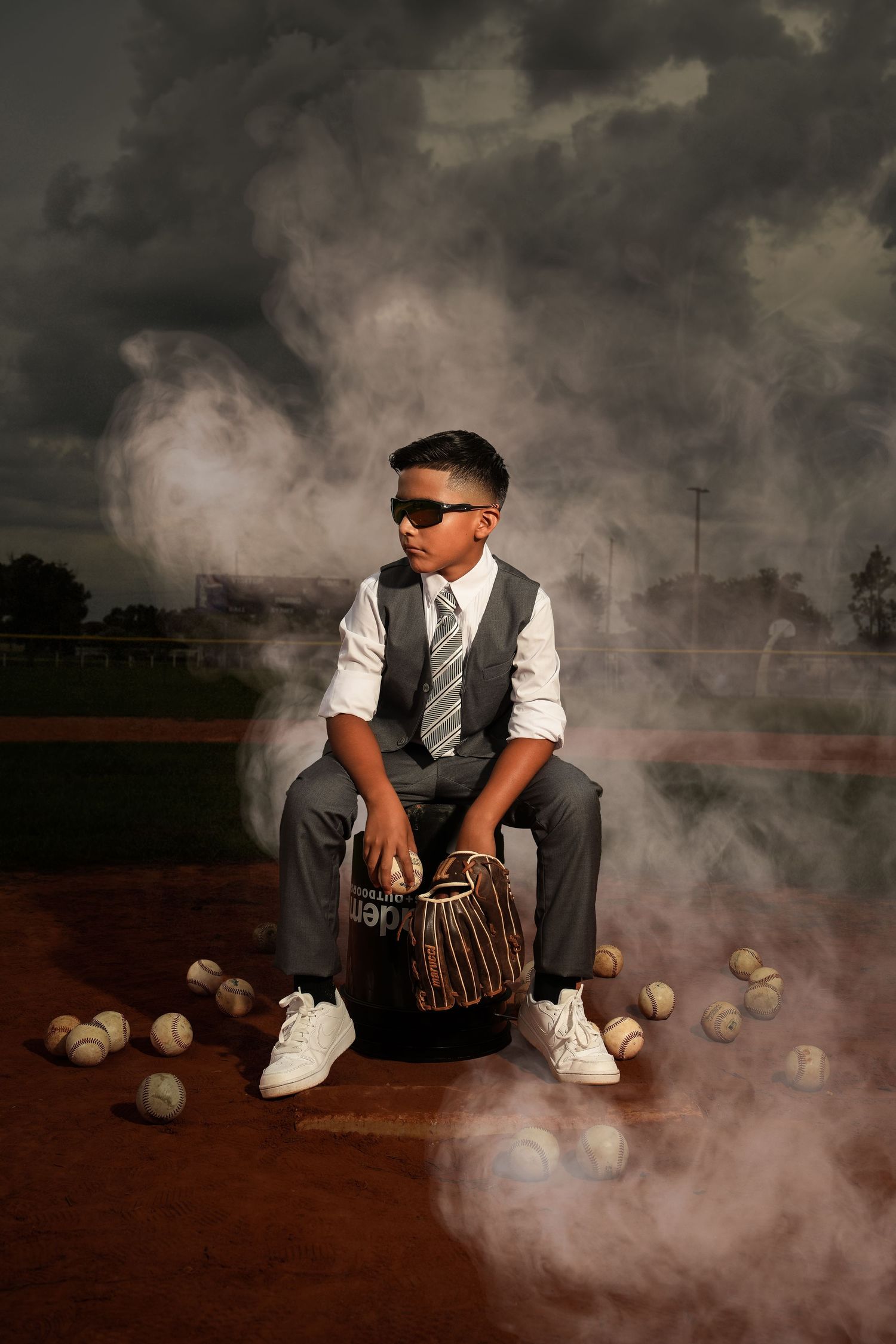 A baseball player in vintage attire sits on a dark floor with baseballs and dramatic smoke effects in a moody portrait series.
