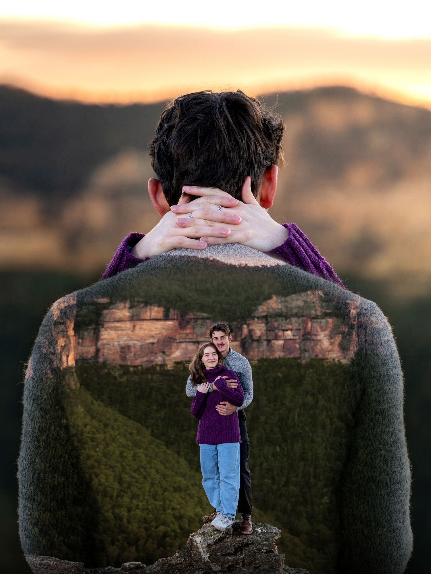 Double exposure photo of a man with a couple embracing in a mountain landscape at sunset.