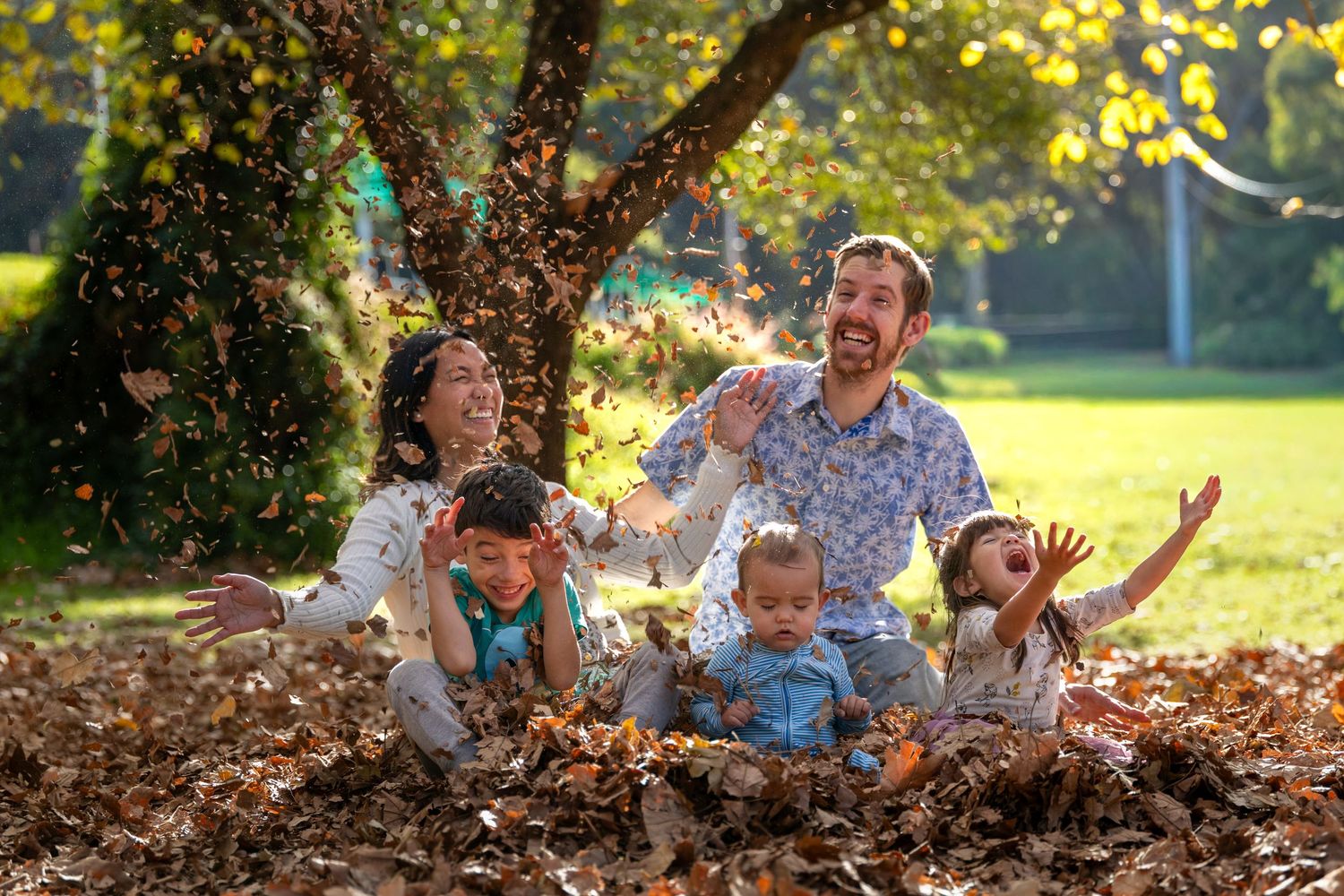 Family photo in Gloria Park, Hazelbrook joyfully tossing autumn leaves together in a sunny park, surrounded by golden foliage.