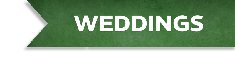 Green arrow-shaped banner with bold white text reading WEDDINGS for wedding services navigation.