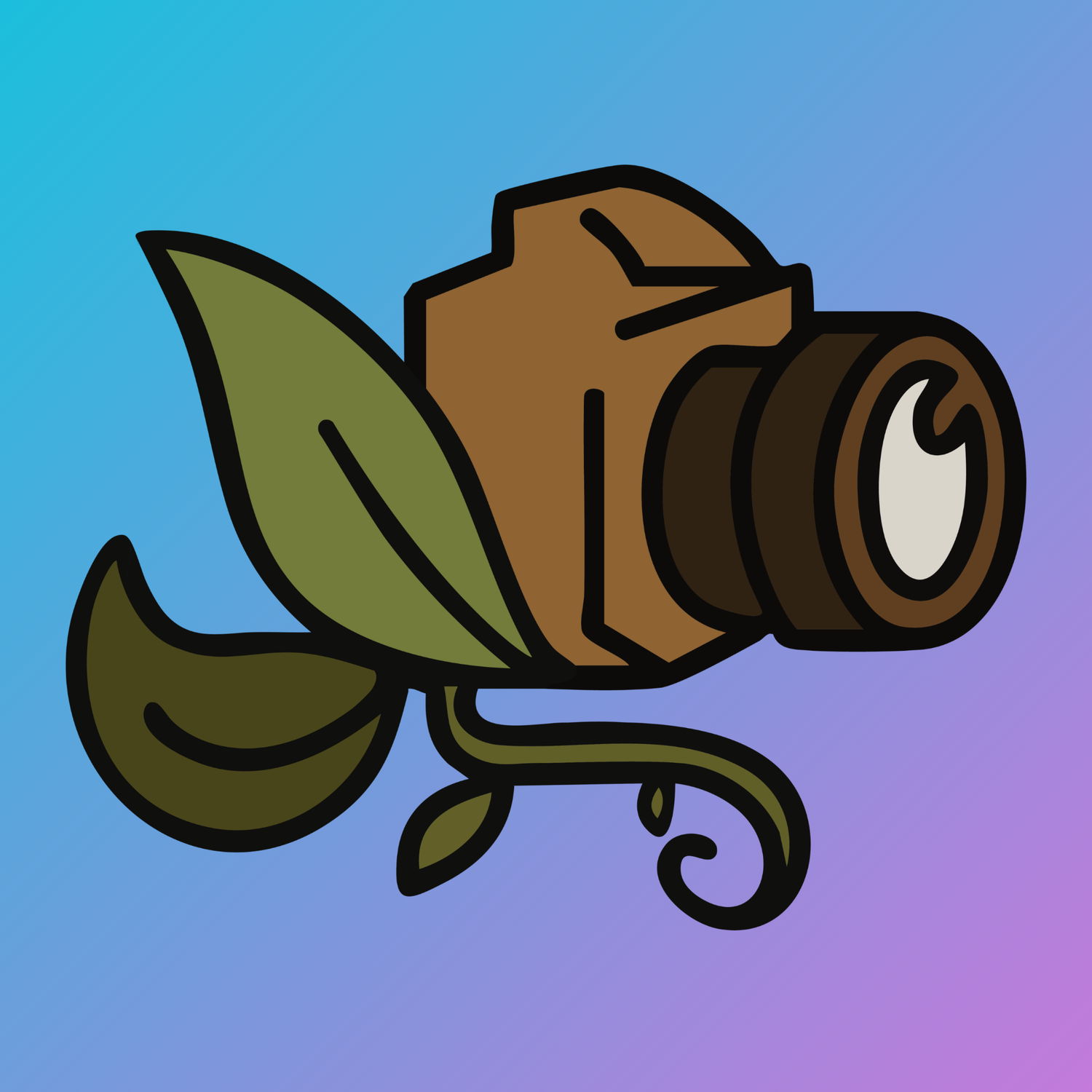 A stylized brown camera intertwined with green leaves and vines, set against a blue-purple gradient background.