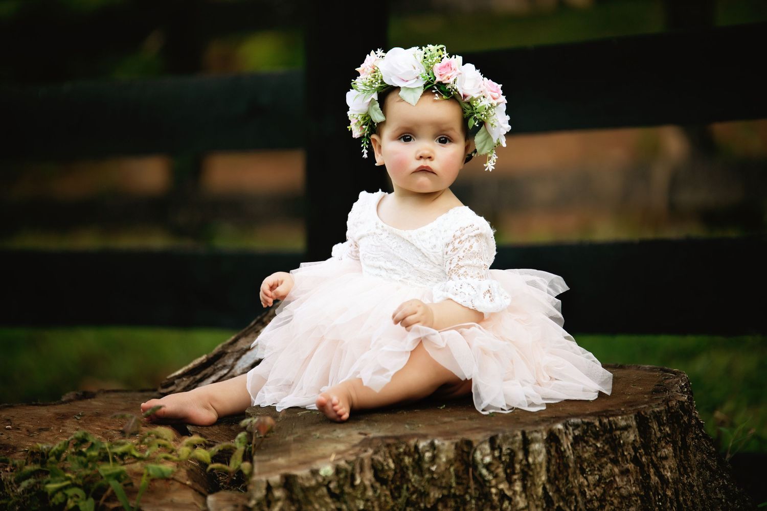 Baby wearing white dress and floral crown sitting on rustic wood stump in garden setting.