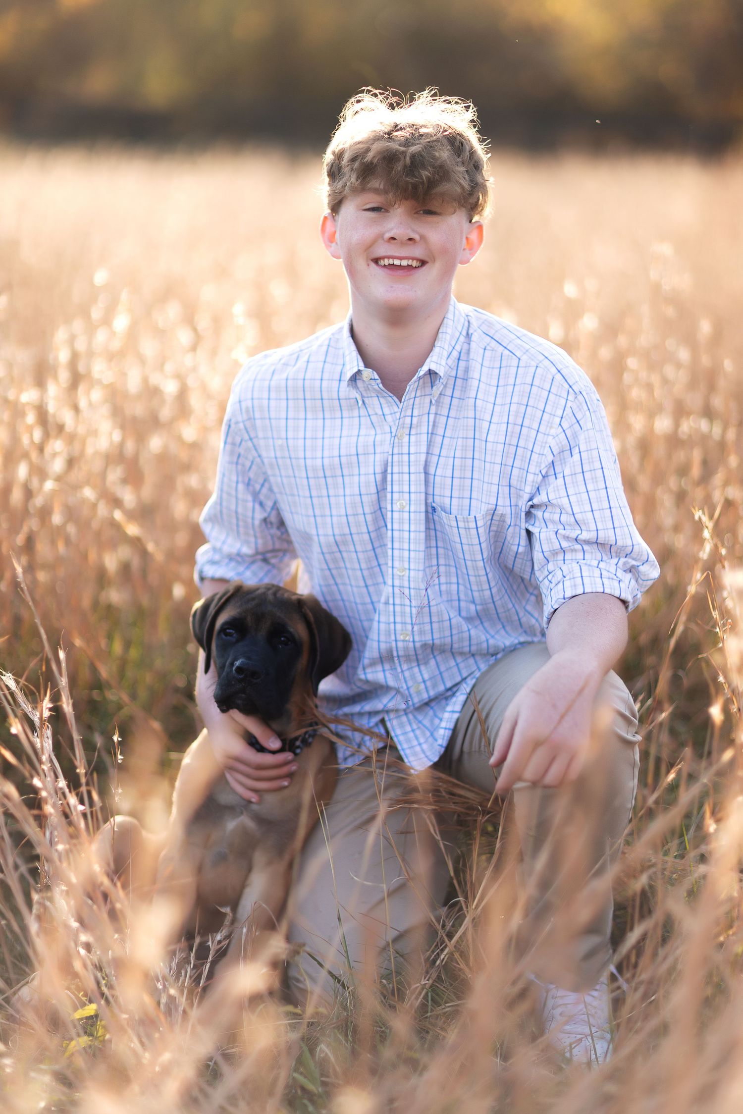 Young boy and puppy sitting together in golden autumn field during sunset.