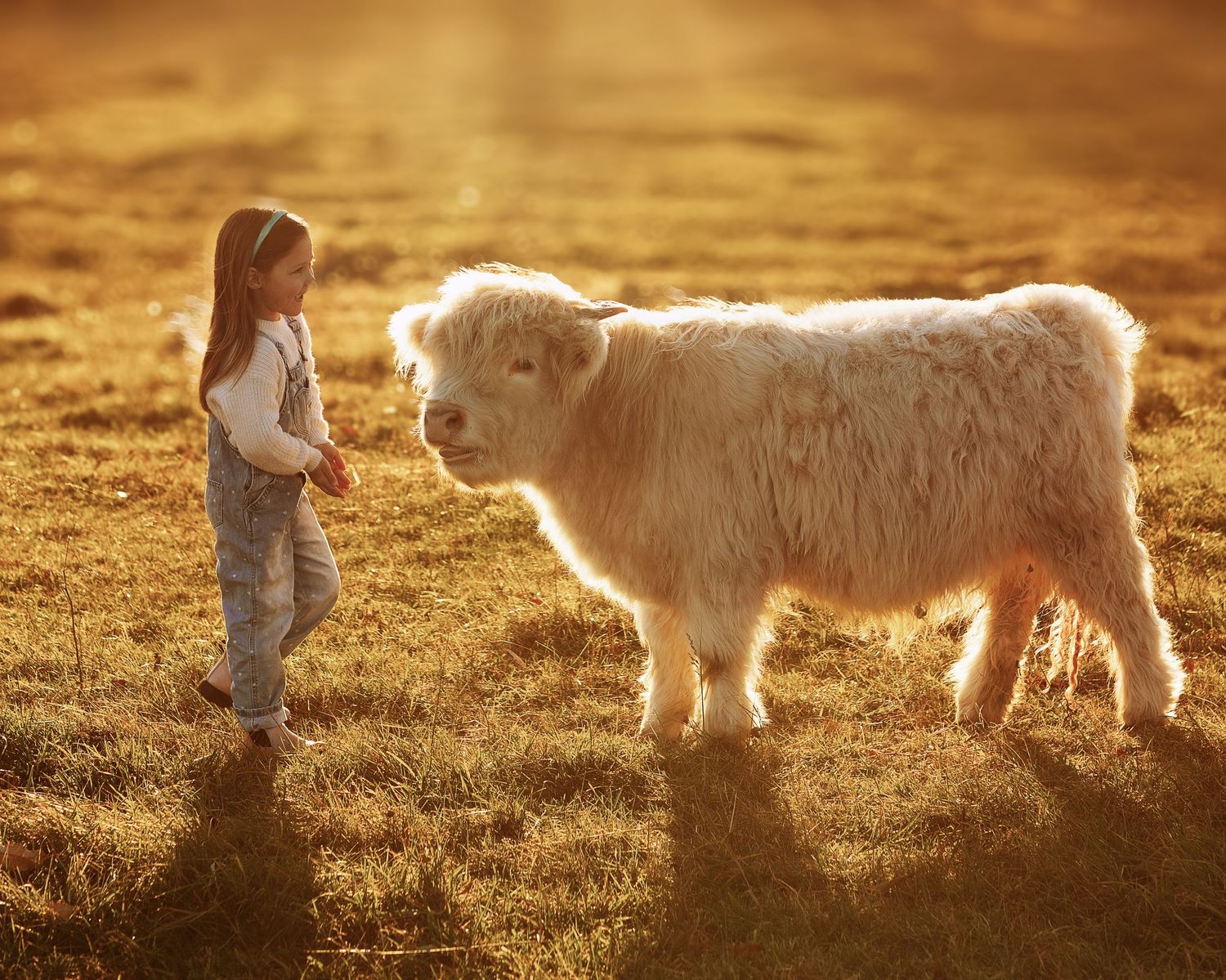 Dogs and their companions walking through a sunlit meadow at dusk.