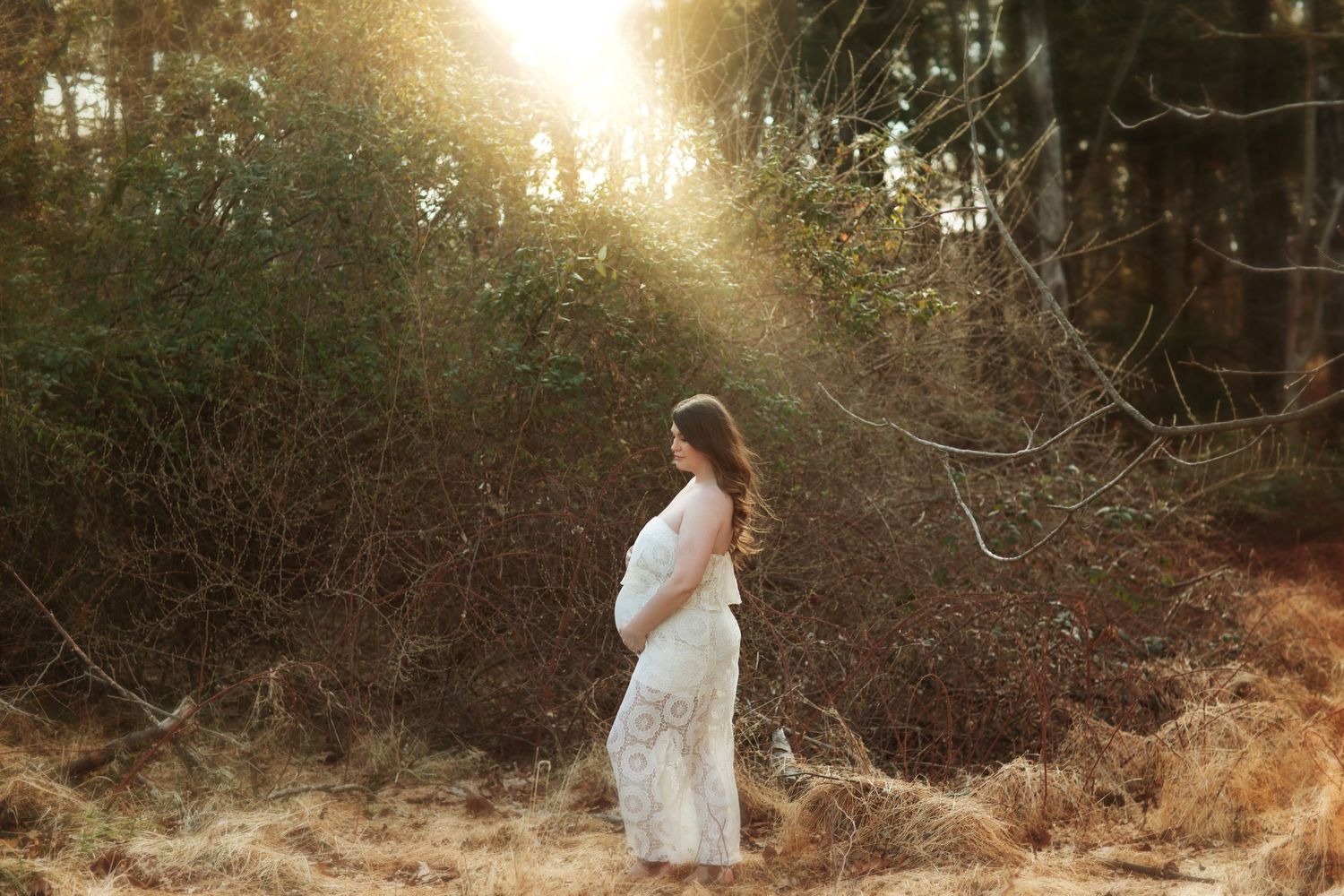 Dreamy maternity session in natural sunlit woodland setting.