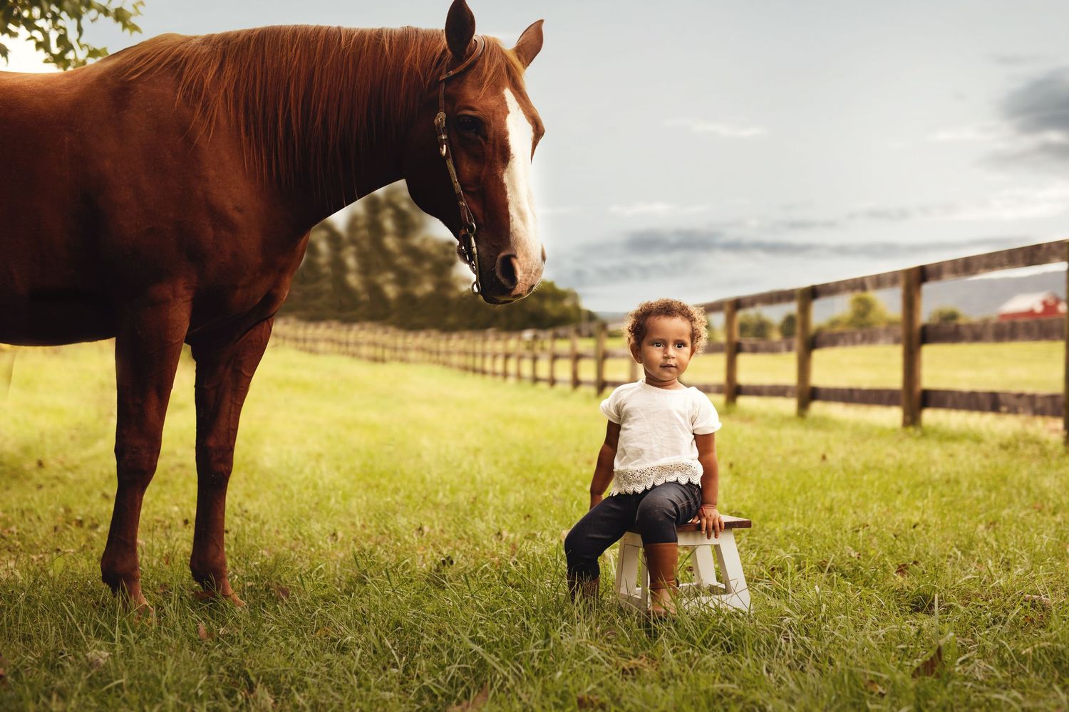 A brown horse stands next to a small child sitting on grass by a wooden fence in a pastoral setting.