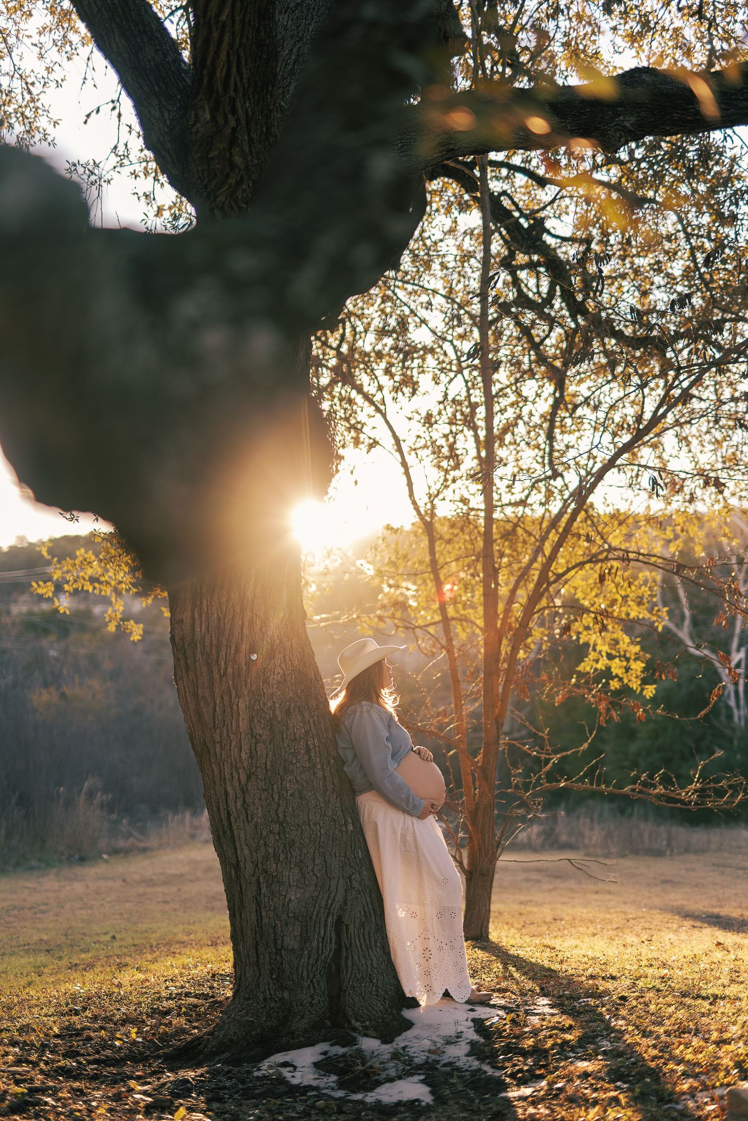 A silhouetted figure leans against a large tree trunk at sunset with golden sunlight filtering through autumn leaves.
