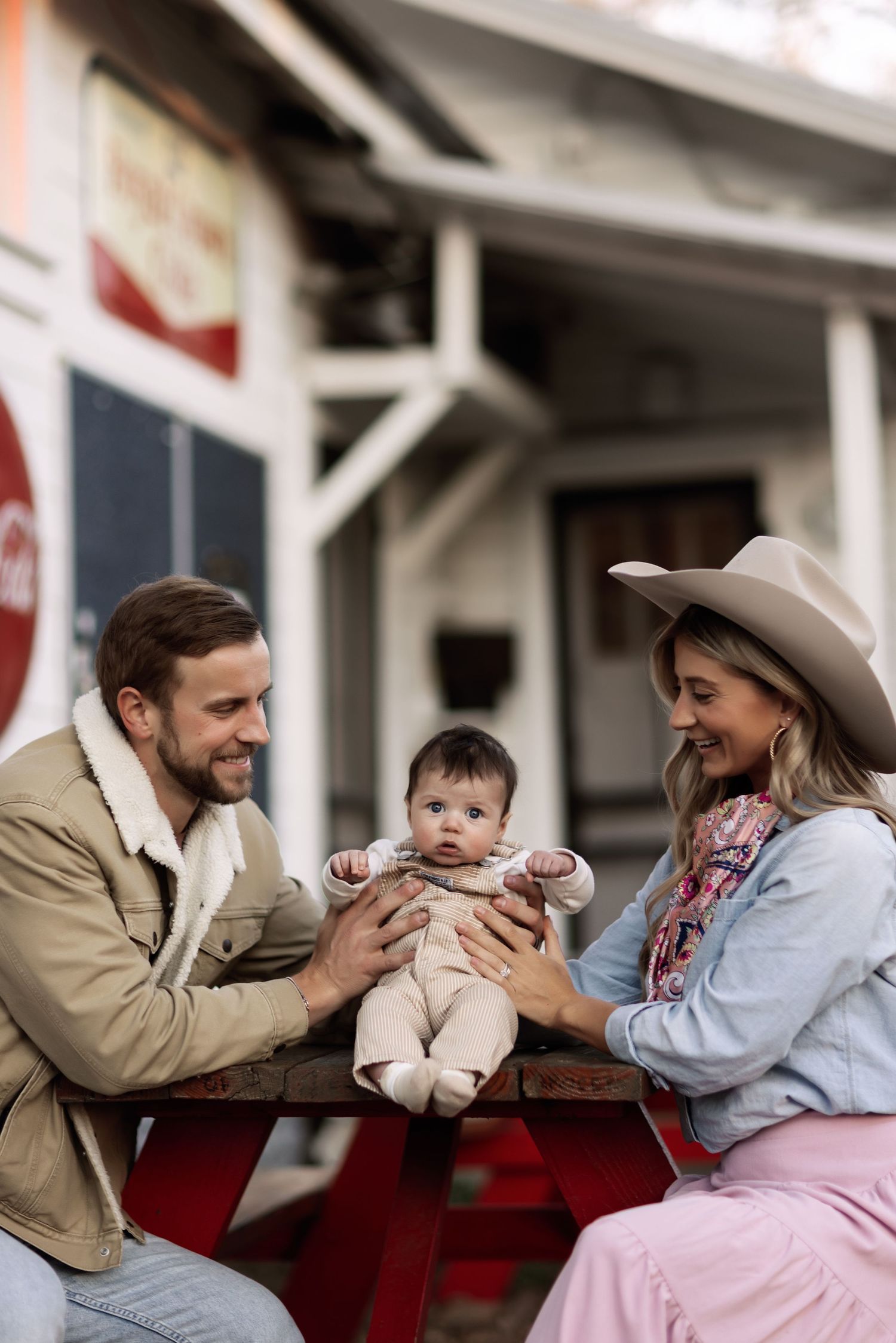A heartwarming series of candid family moments showing playful interactions on a porch with a baby.