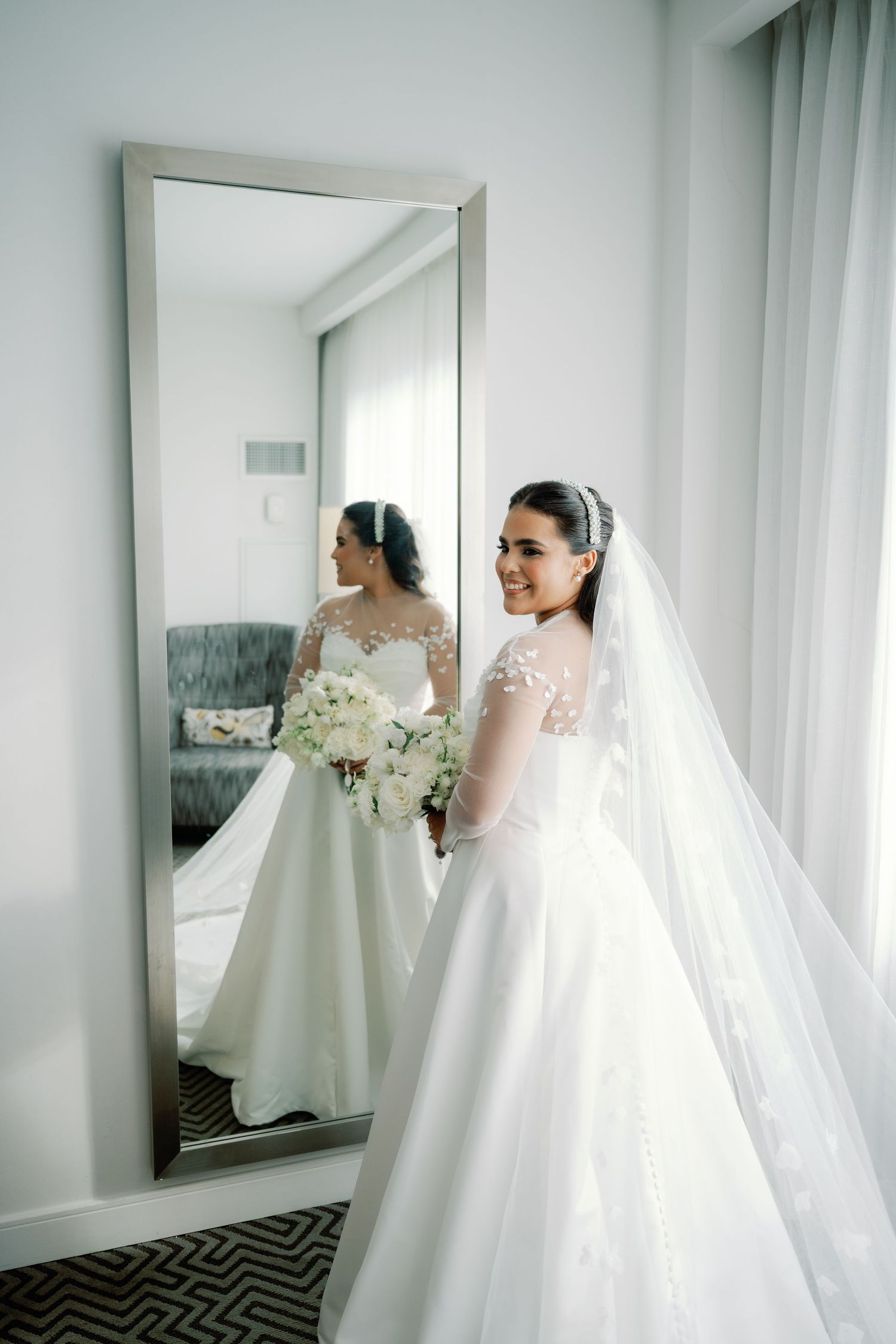 A series of elegant bridal portraits showing a white wedding gown with floral details reflected in mirrors.