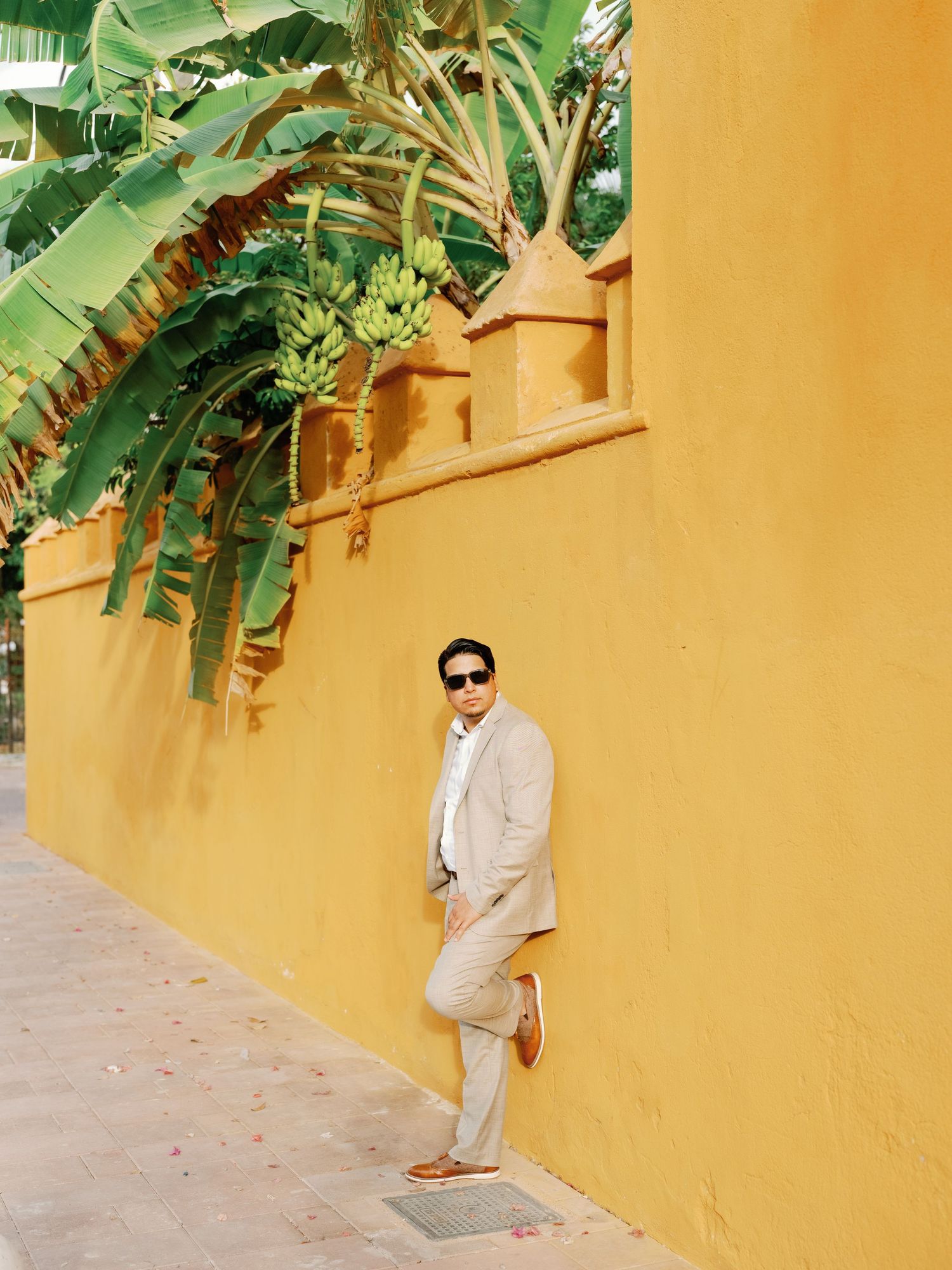 A figure in white clothing stands against a vibrant yellow wall with tropical banana leaves overhead.