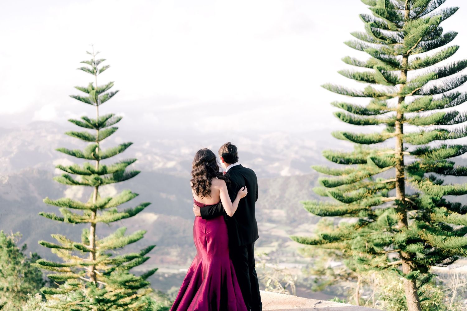A couple in formal attire embraces while standing between tall pine trees overlooking a mountain landscape.