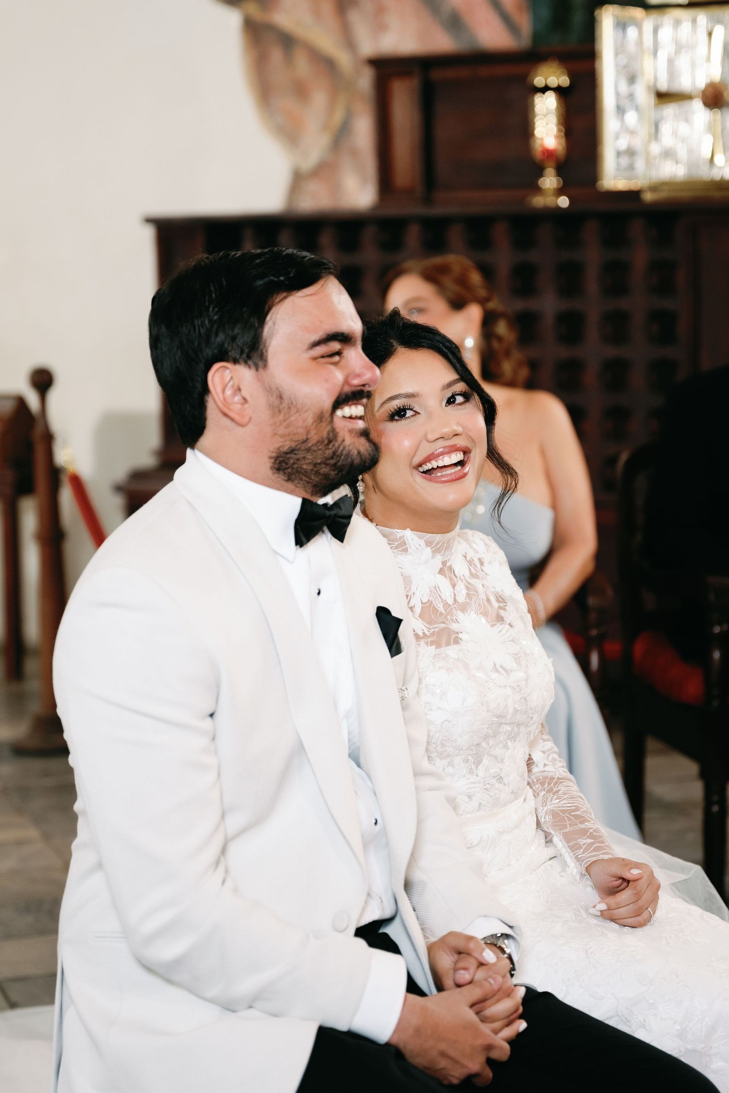 A joyful couple in formal wedding attire share intimate laughs together in a candid photo sequence.
