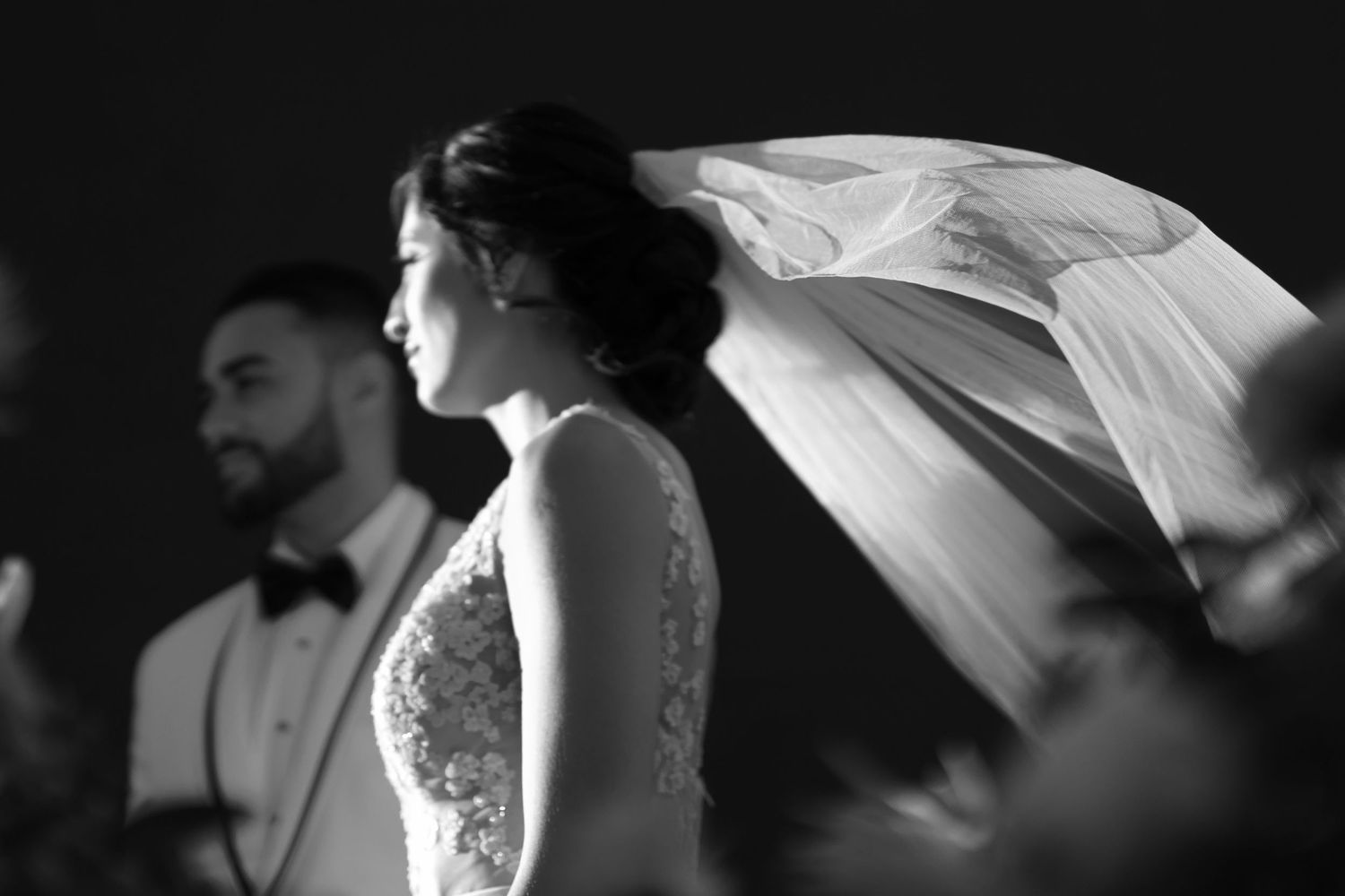 A black and white wedding photo capturing a flowing veil and elegant lace dress in dramatic side profile.