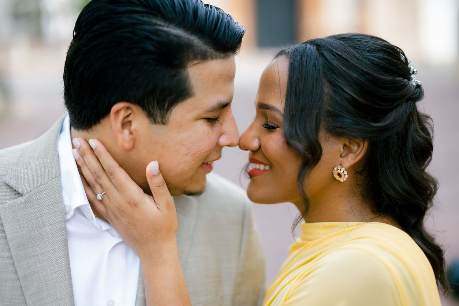 A romantic couple in wedding attire shares tender moments in a series of close-up shots.