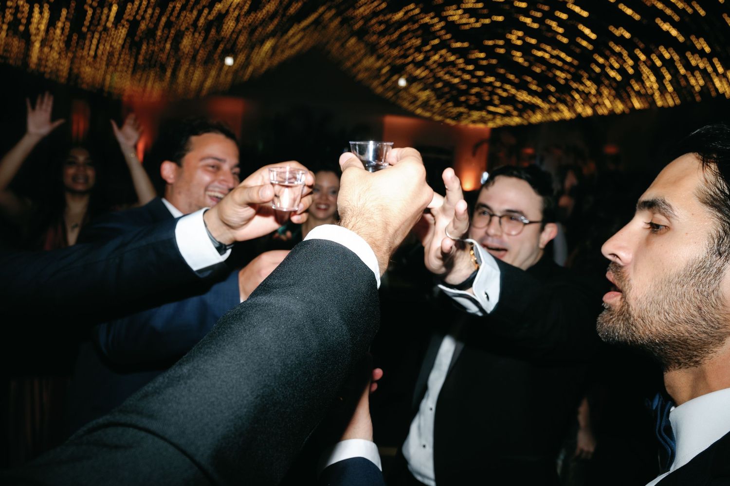 Group of formally dressed guests toasting with drinks at an elegant celebration.