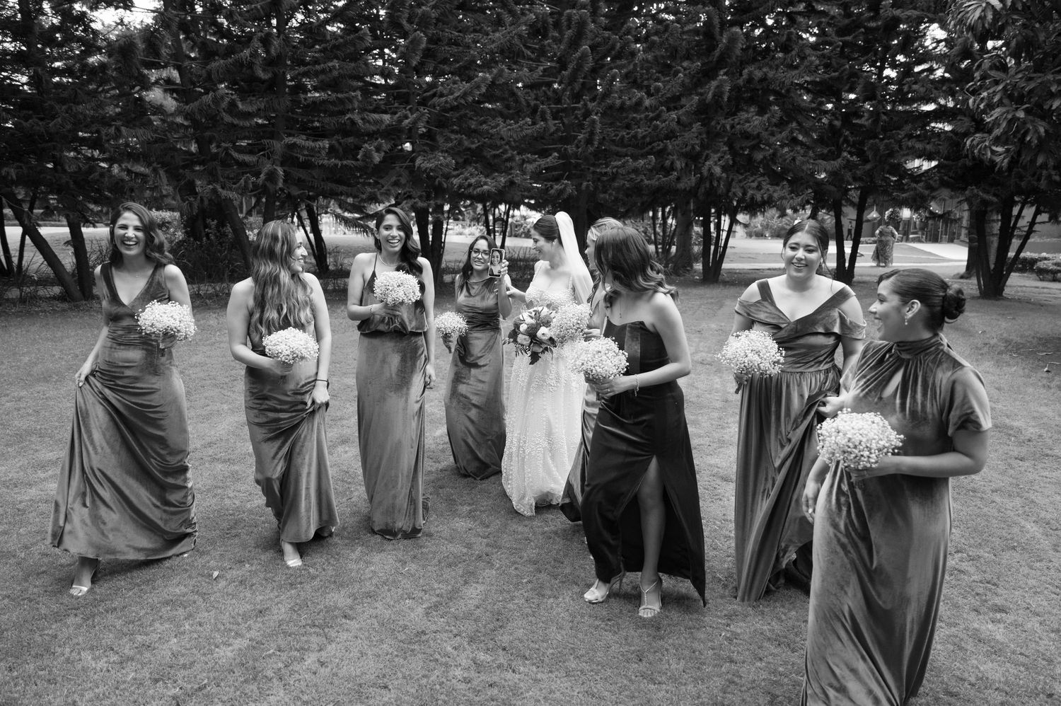 Wedding party members in gray dresses and suits gather outdoors for group photos.