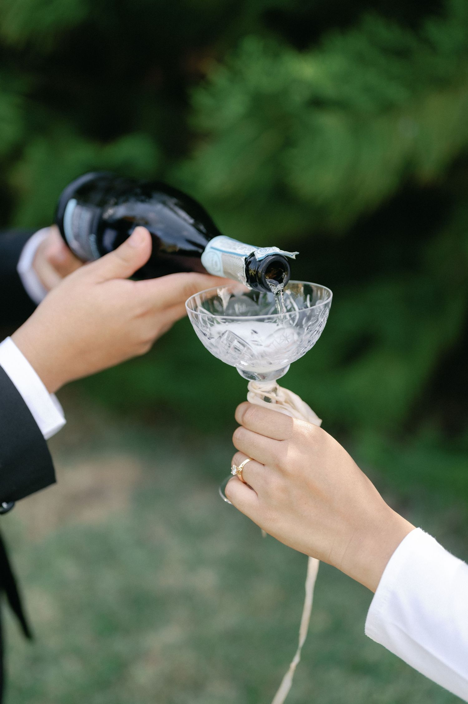 Hands holding and pouring champagne into vintage crystal coupe glasses against a green garden backdrop.