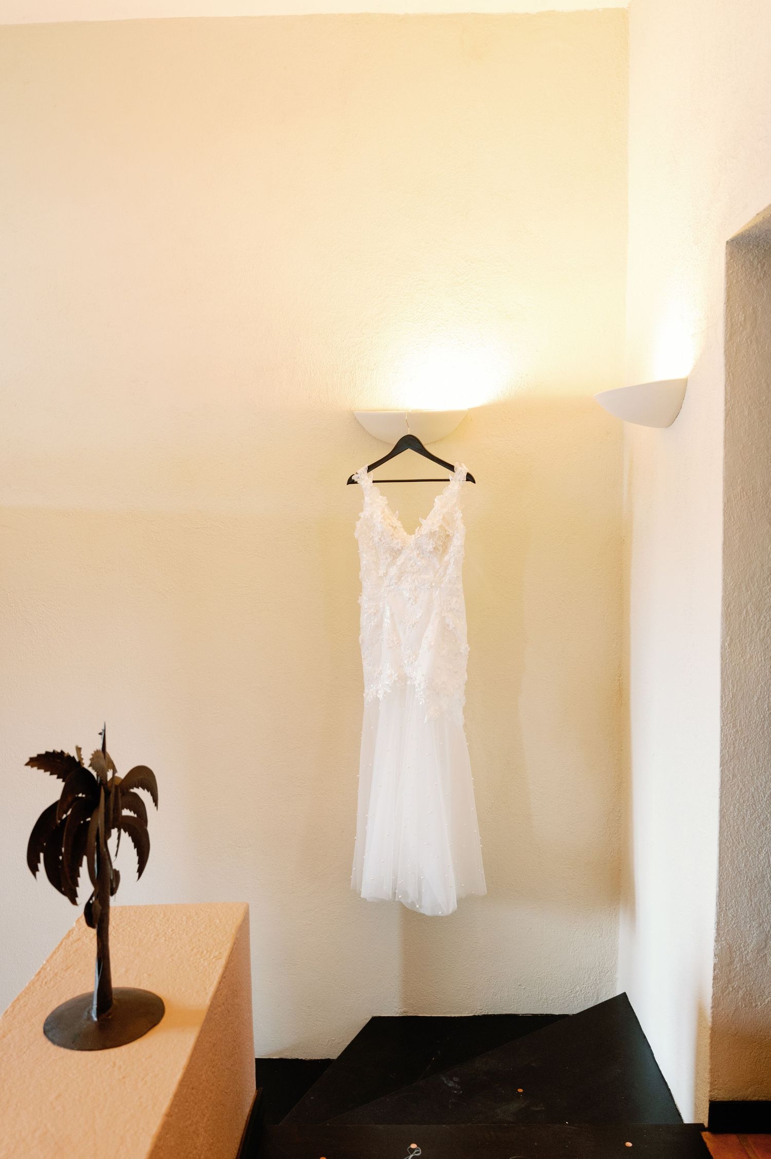 A white lace wedding dress hangs on a black hanger against a cream wall, with a decorative palm tree sculpture on a table.
