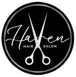 Black circular hair salon logo with scissors forming the V in Haven.
