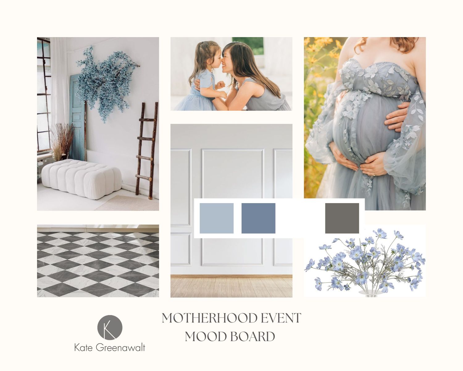 Motherhood event photography mood board showcasing gentle colors and organic styling.